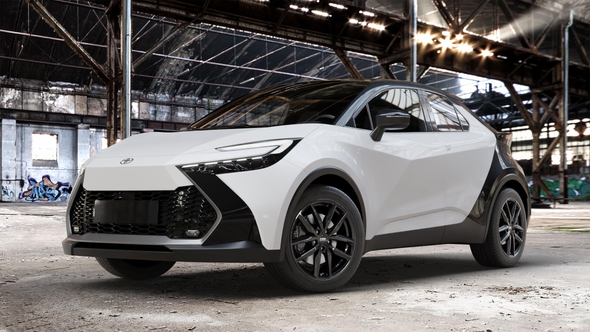 CMS C28 Complete Black Gloss Felge mit Reifen schwarz in 18Zoll Winterfelge Alufelge auf weissem Toyota C-HR Typ AX2T(M) AX2T(M)-TGRE ⬇️ mit 15mm Tieferlegung ⬇️ Old Industrial Hall_max_4400mm_2024 Frontansicht_1