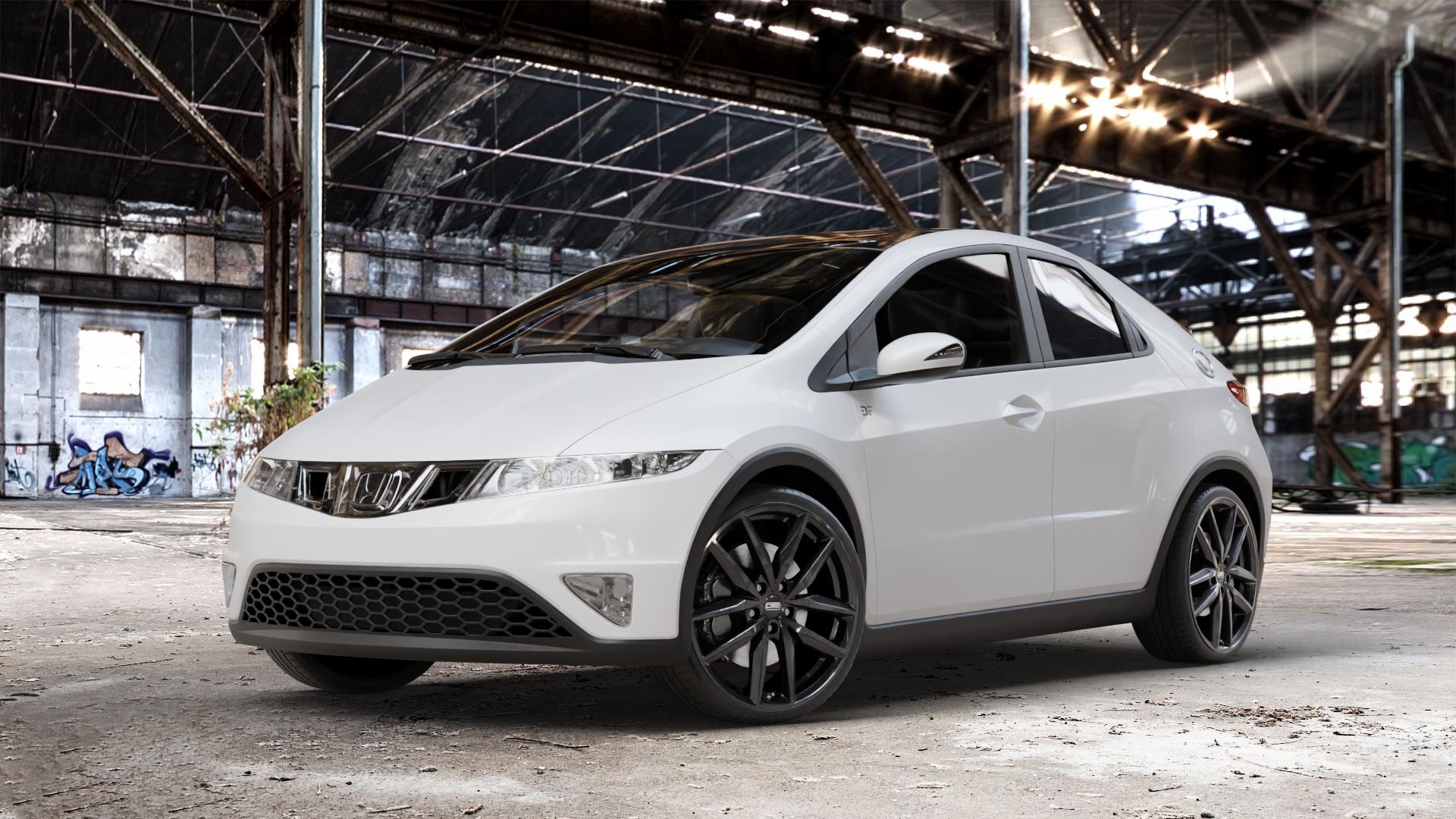 CMS C28 Complete Black Gloss Felge mit Reifen schwarz in 19Zoll Winterfelge Alufelge auf weissem Honda Civic 8 Fünftürer (FK) 1,4l V-Tec (FK1) 73kW (99 PS) ⬇️ mit 15mm Tieferlegung ⬇️ Old Industrial Hall_max_4400mm_2024 Frontansicht_1