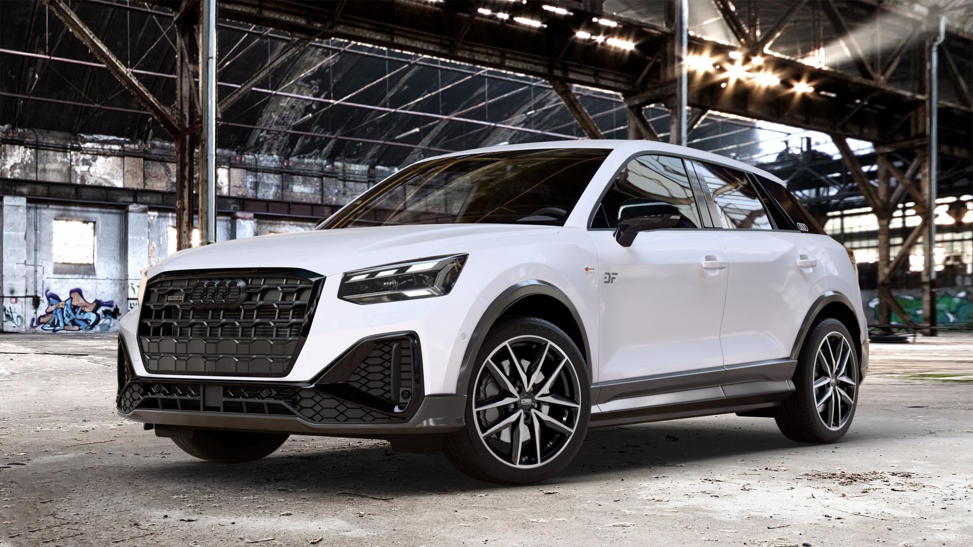 CMS C28 Diamond Black Gloss Felge mit Reifen silber schwarz in 18Zoll Winterfelge Alufelge auf weißem Audi Q2 Typ GA Facelift ⬇️ mit 15mm Tieferlegung ⬇️ Old Industrial Hall_max_4400mm_2024 Frontansicht_1