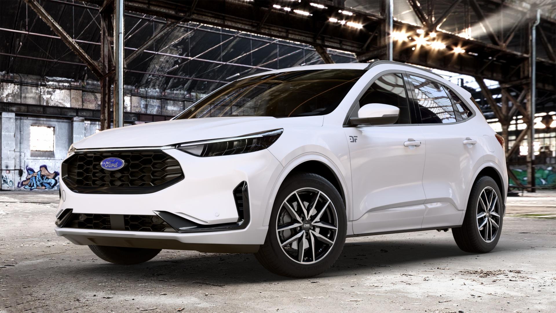 CMS C28 Diamond Black Gloss Felge mit Reifen silber schwarz in 18Zoll Winterfelge Alufelge auf weissem Ford Kuga III Typ DFK Facelift ⬇️ mit 15mm Tieferlegung ⬇️ Old Industrial Hall_max_4400mm_2024 Frontansicht_1
