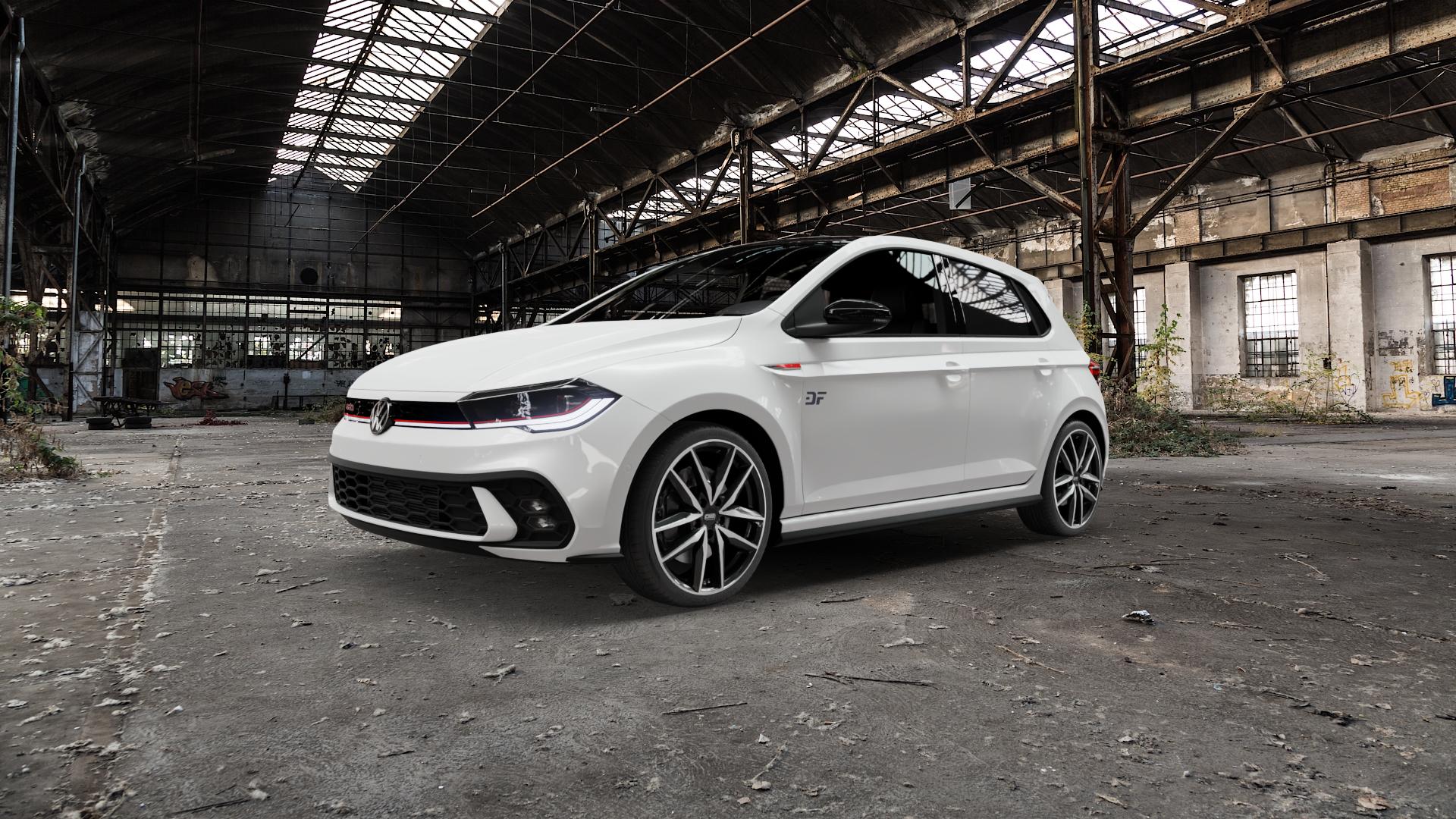 CMS C28 Diamond Black Gloss Felge mit Reifen silber schwarz in 18Zoll Winterfelge Alufelge auf weissem Volkswagen (VW) Polo VI Typ AW Facelift 2,0l GTI 152kW (207 PS) ⬇️ mit 15mm Tieferlegung ⬇️ Old Industrial Hall_max5000mm_2022 Frontansicht_1