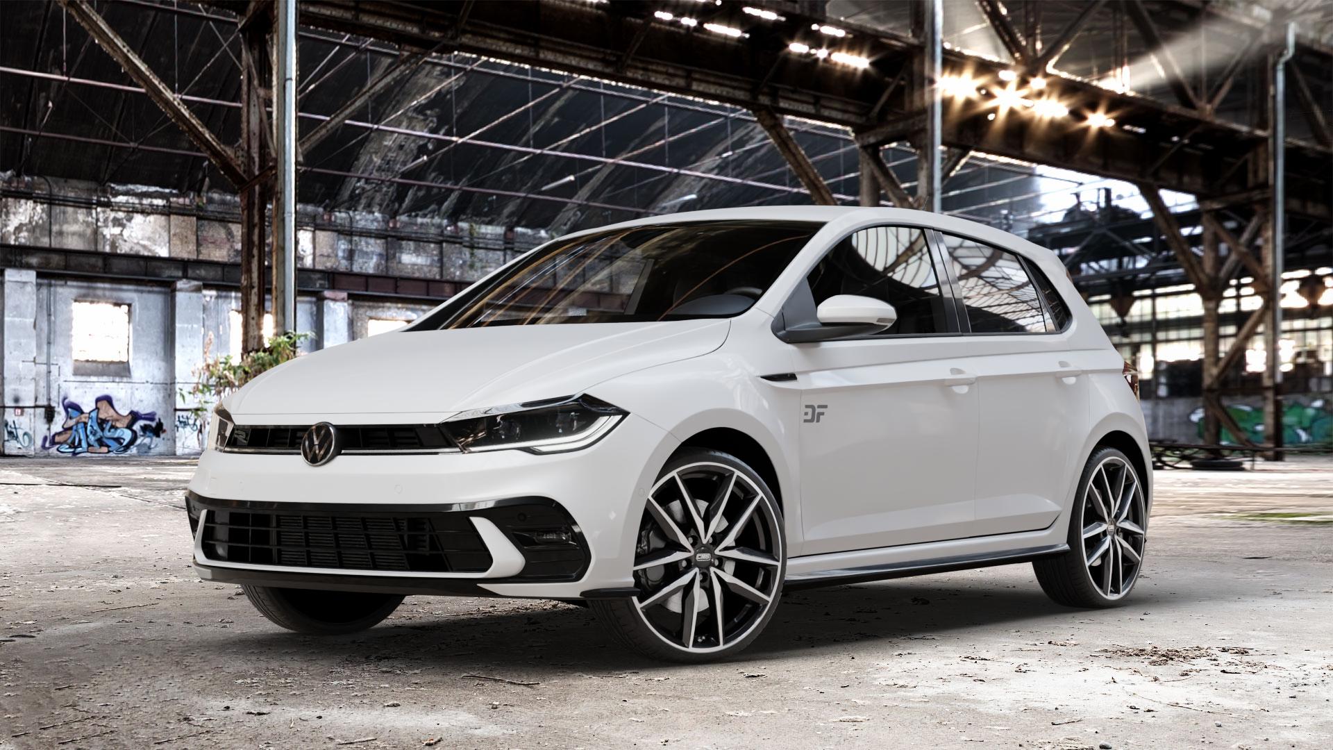CMS C28 Diamond Black Gloss Felge mit Reifen silber schwarz in 19Zoll Winterfelge Alufelge auf weissem Volkswagen (VW) Polo VI Typ AW Facelift 1,0l TGI 66kW (90 PS) TSI 81kW (110 70kW (95 MPI 59kW (80 ⬇️ mit 15mm Tieferlegung ⬇️ Old Industrial Hall_max_4400mm_2024 Frontansicht_1