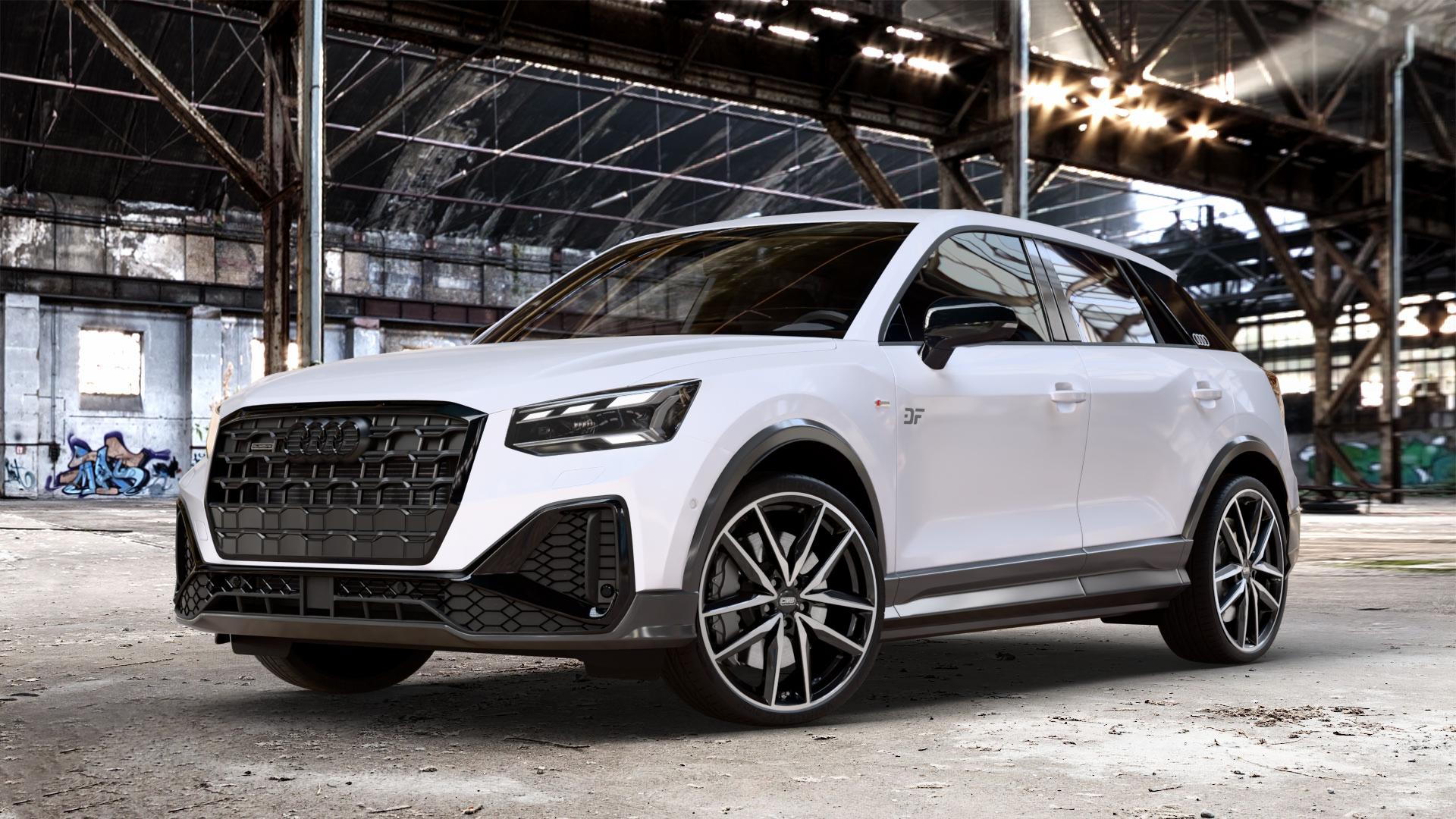CMS C28 Diamond Black Gloss Felge mit Reifen silber schwarz in 20Zoll Winterfelge Alufelge auf weißem Audi Q2 Typ GA Facelift ⬇️ mit 15mm Tieferlegung ⬇️ Old Industrial Hall_max_4400mm_2024 Frontansicht_1
