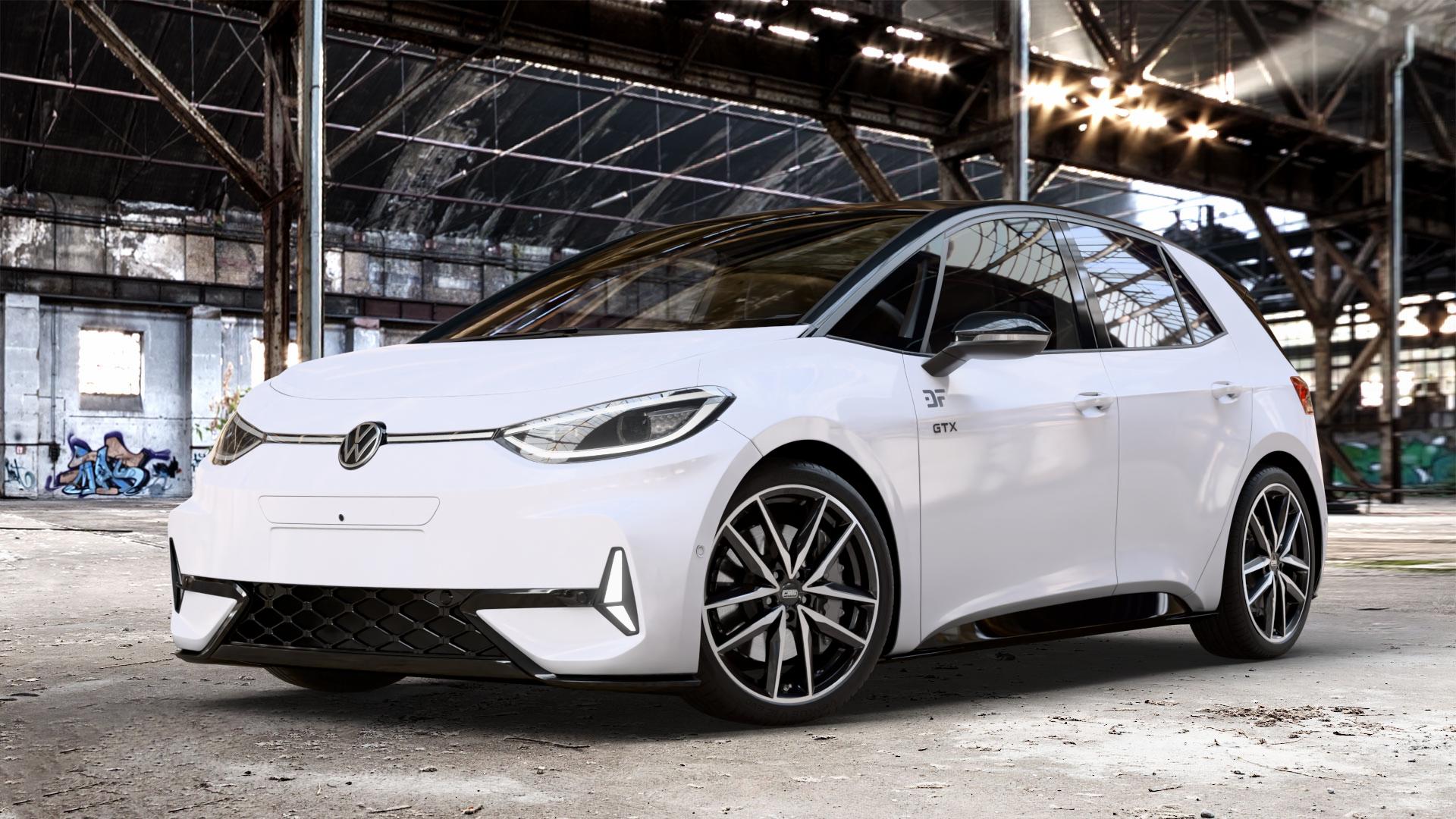 CMS C28 Diamond Black Gloss Felge mit Reifen silber schwarz in 20Zoll Winterfelge Alufelge auf weissem Volkswagen (VW) ID.3 GTX 0,0l 89kW (210 KW) (121 PS) Performance (240 ⬇️ mit 15mm Tieferlegung ⬇️ Old Industrial Hall_max_4400mm_2024 Frontansicht_1