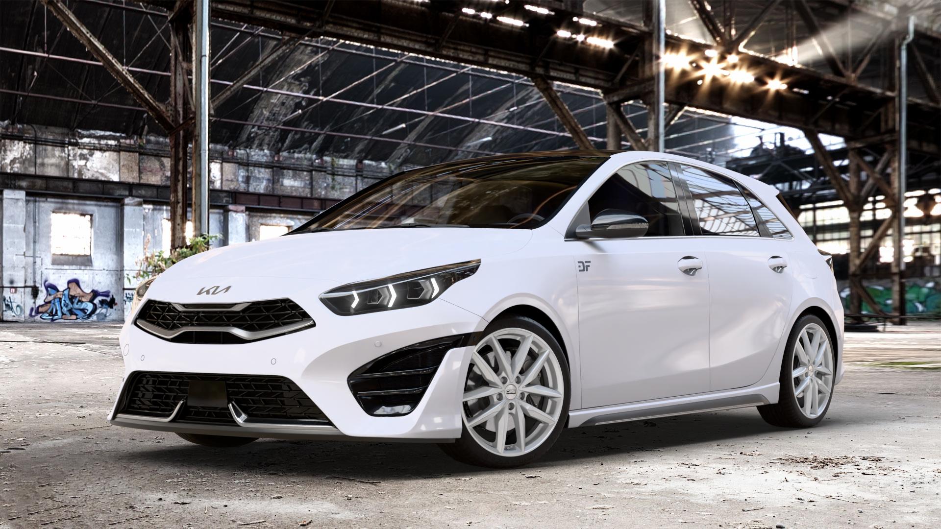 CMS C28 Racing Silver Felge mit Reifen silber in 18Zoll Winterfelge Alufelge auf weissem Kia Ceed Schrägheck Typ CD Facelift 1,0l T-GDI 88kW Mild-Hybrid (120 PS) 74kW (101 1,5l 118kW (160 1,6l 150kW GT (204 CRDi 100kW (136 103kW (140 ⬇️ mit 15mm Tieferlegung ⬇️ Old Industrial Hall_max_4400mm_2024 Frontansicht_1