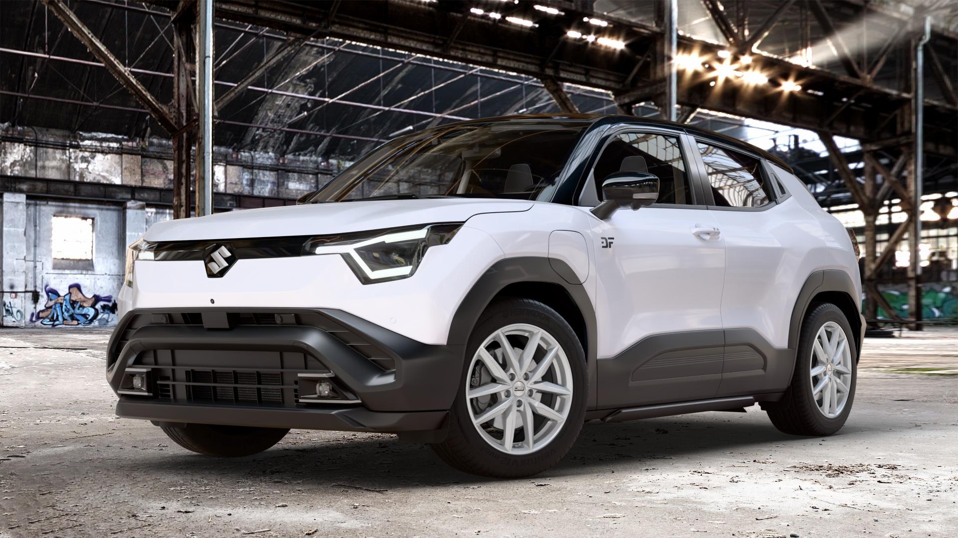 CMS C28 Racing Silver Felge mit Reifen silber in 18Zoll Winterfelge Alufelge auf weissen Suzuki Vitara Typ AP ⬇️ mit 15mm Tieferlegung ⬇️ Old Industrial Hall_max_4400mm_2024 Frontansicht_1