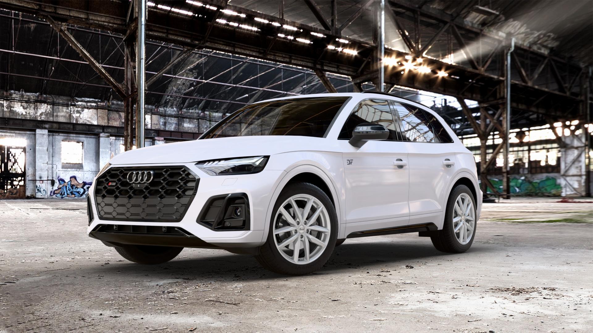 CMS C28 Racing Silver Felge mit Reifen silber in 19Zoll Winterfelge Alufelge auf weissem Audi Q5 II Typ FY Facelift 3,0l SQ5 TDI quattro 251kW Mild-Hybrid (341 PS) ⬇️ mit 15mm Tieferlegung ⬇️ Old Industrial Hall_max_5300mm_2024 Frontansicht_1