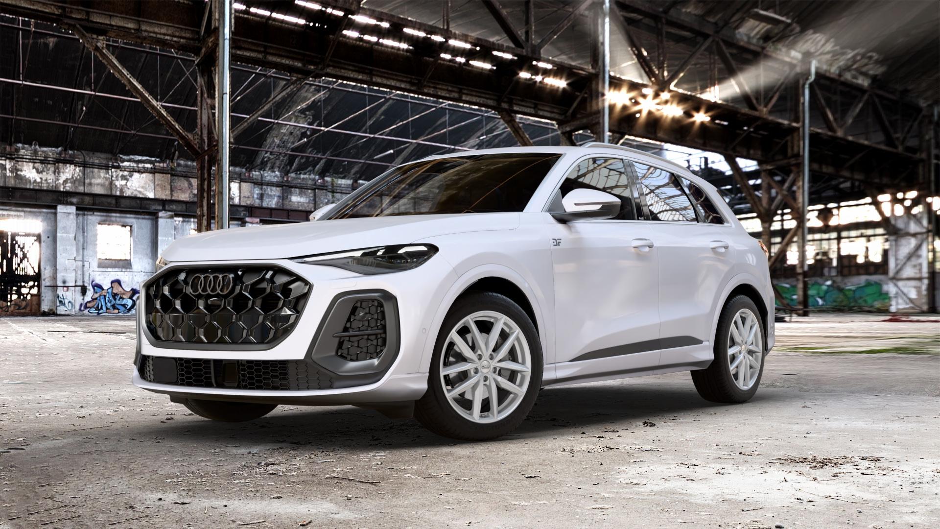 CMS C28 Racing Silver Felge mit Reifen silber in 19Zoll Winterfelge Alufelge auf weissem Audi Q5 III Typ GU (FY) ⬇️ mit 15mm Tieferlegung ⬇️ Old Industrial Hall_max_5300mm_2024 Frontansicht_1