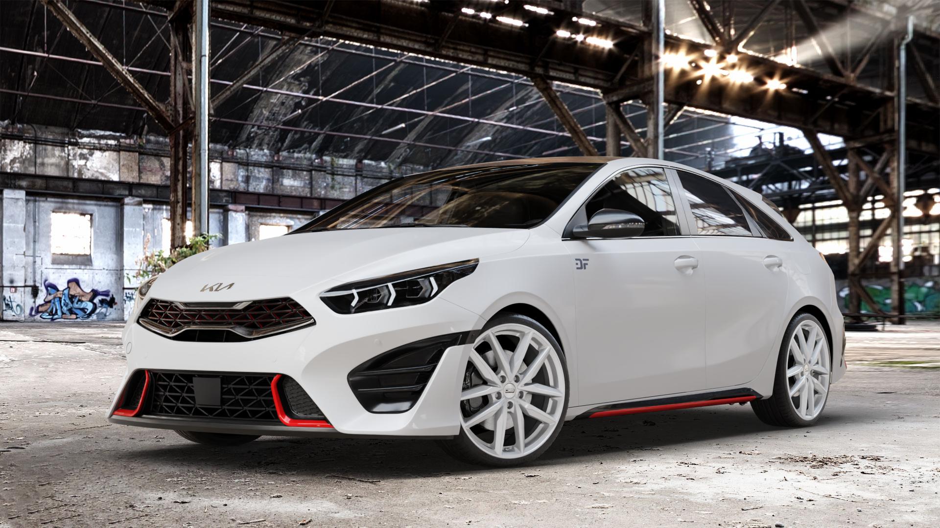 CMS C28 Racing Silver Felge mit Reifen silber in 19Zoll Winterfelge Alufelge auf weissem Kia ProCeed Typ CD Facelift Pro Cee d ⬇️ mit 15mm Tieferlegung ⬇️ Old Industrial Hall_max_4400mm_2024 Frontansicht_1