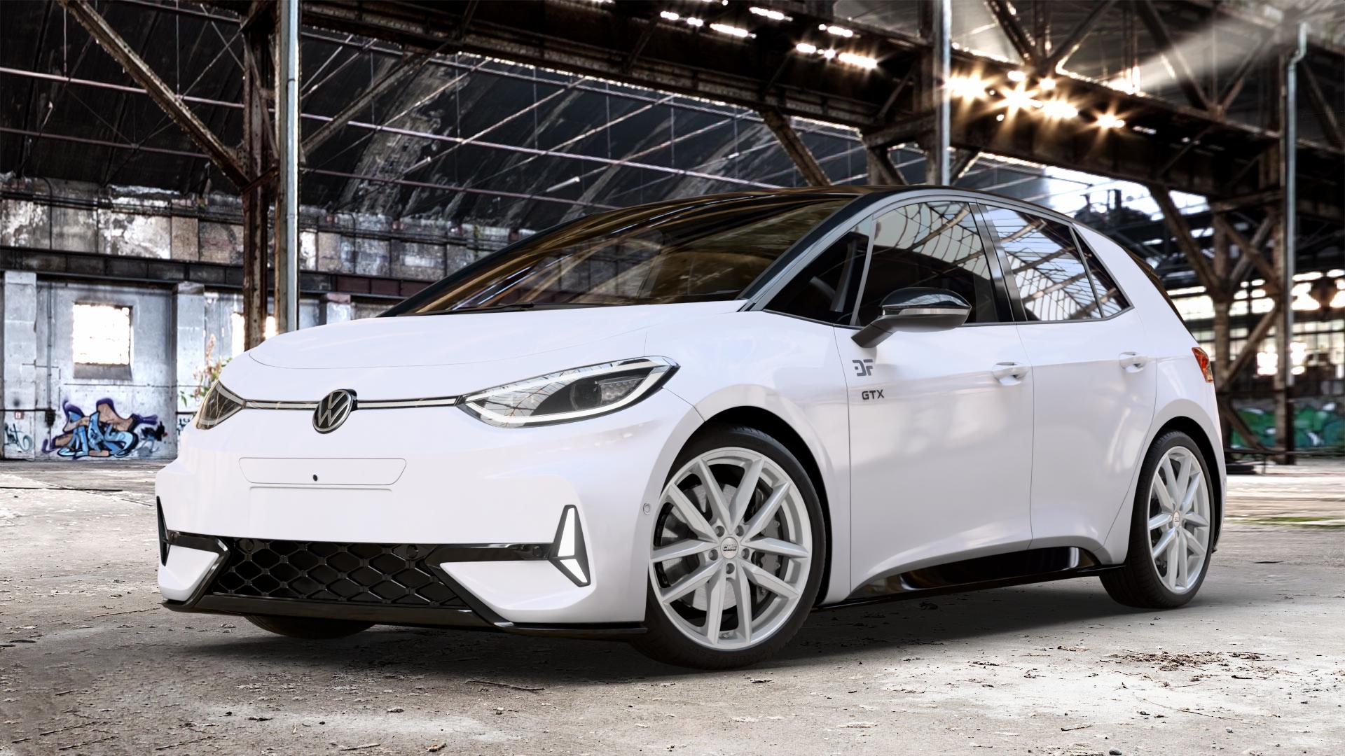 CMS C28 Racing Silver Felge mit Reifen silber in 20Zoll Winterfelge Alufelge auf weissem Volkswagen (VW) ID.3 GTX 0,0l 89kW (210 KW) (121 PS) Performance (240 ⬇️ mit 15mm Tieferlegung ⬇️ Old Industrial Hall_max_4400mm_2024 Frontansicht_1
