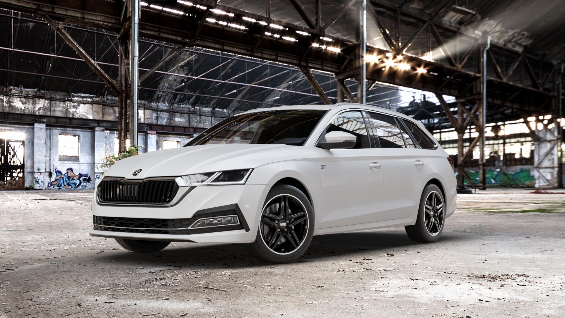 CMS C29 Diamond Rim Black Felge mit Reifen schwarz in 17Zoll Winterfelge Alufelge auf weissem Skoda Octavia IV Kombi Typ NX ⬇️ mit 15mm Tieferlegung ⬇️ Old Industrial Hall_max_5300mm_2024 Frontansicht_1