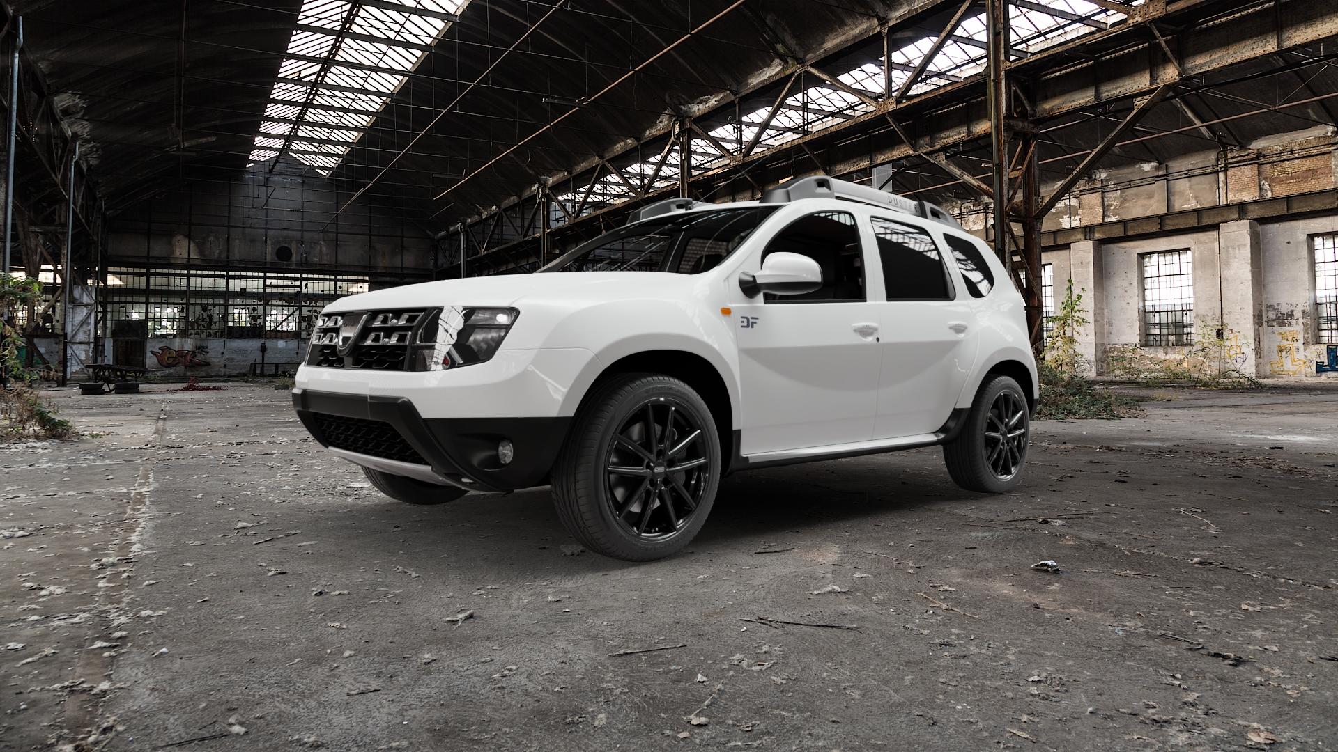 CMS C30 Complete Black Gloss Felge mit Reifen schwarz in 18Zoll Winterfelge Alufelge auf weissem Dacia Duster Typ SD ⬇️ mit 15mm Tieferlegung ⬇️ Old Industrial Hall_max5000mm_2022 Frontansicht_1