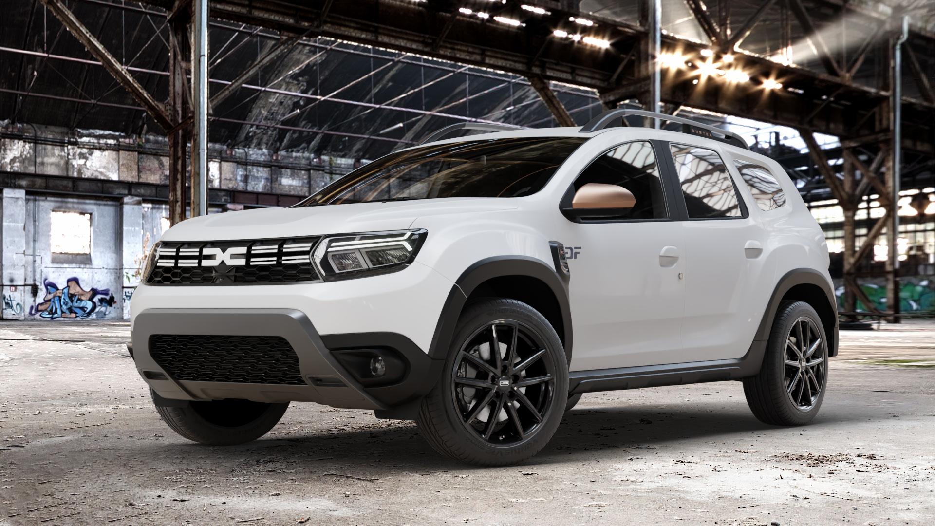 CMS C30 Complete Black Gloss Felge mit Reifen schwarz in 18Zoll Winterfelge Alufelge auf weissem Dacia Duster Typ SR Facelift ⬇️ mit 15mm Tieferlegung ⬇️ Old Industrial Hall_max_4400mm_2024 Frontansicht_1