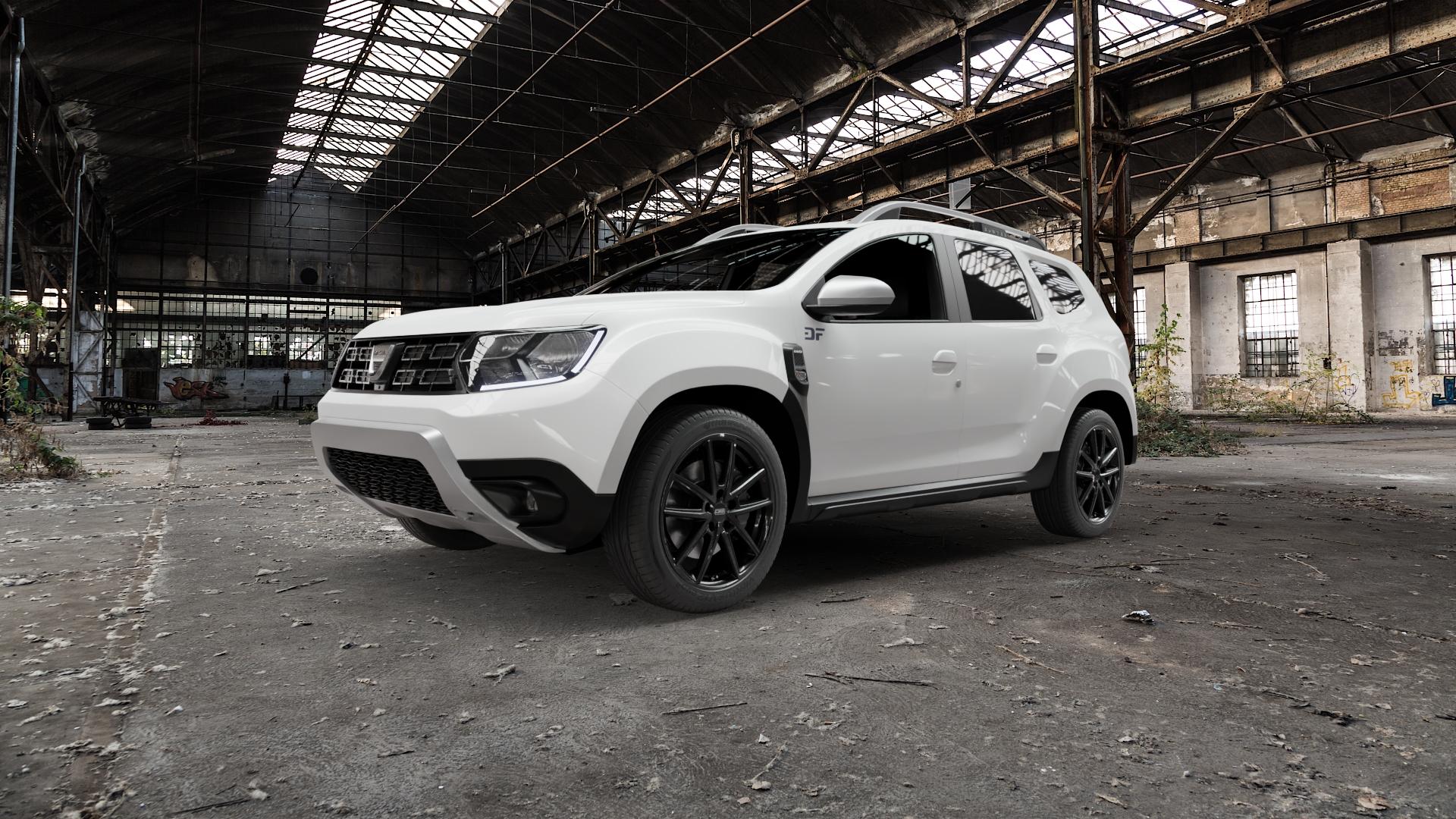 CMS C30 Complete Black Gloss Felge mit Reifen schwarz in 18Zoll Winterfelge Alufelge auf weissem Dacia Duster Typ SR ⬇️ mit 15mm Tieferlegung ⬇️ Old Industrial Hall_max5000mm_2022 Frontansicht_1