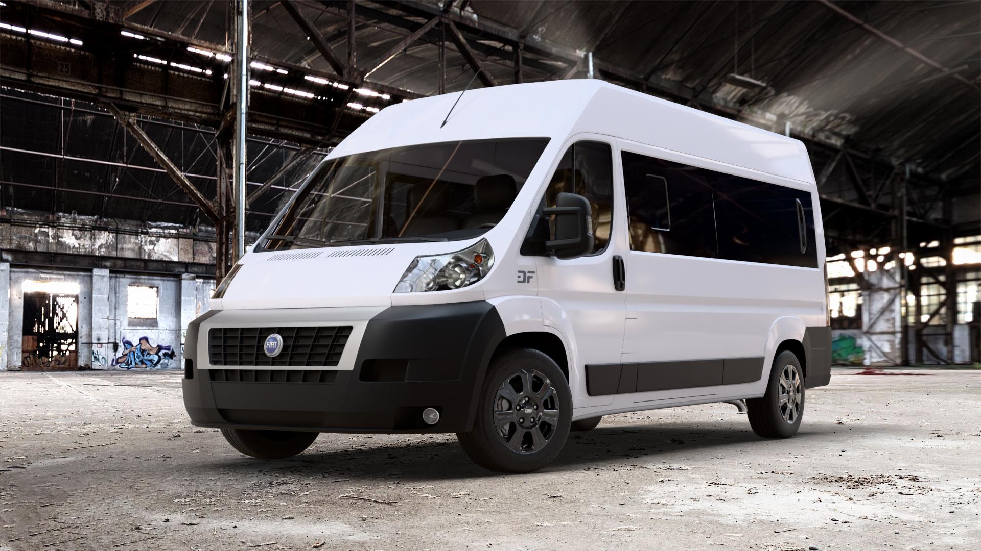CMS C31 Complete Black Gloss Felge mit Reifen schwarz in 17Zoll Winterfelge Alufelge auf weissem Fiat Ducato Bus Typ 250 ⬇️ mit 15mm Tieferlegung ⬇️ Old Industrial Hall_max_7000mm_2024 Frontansicht_1