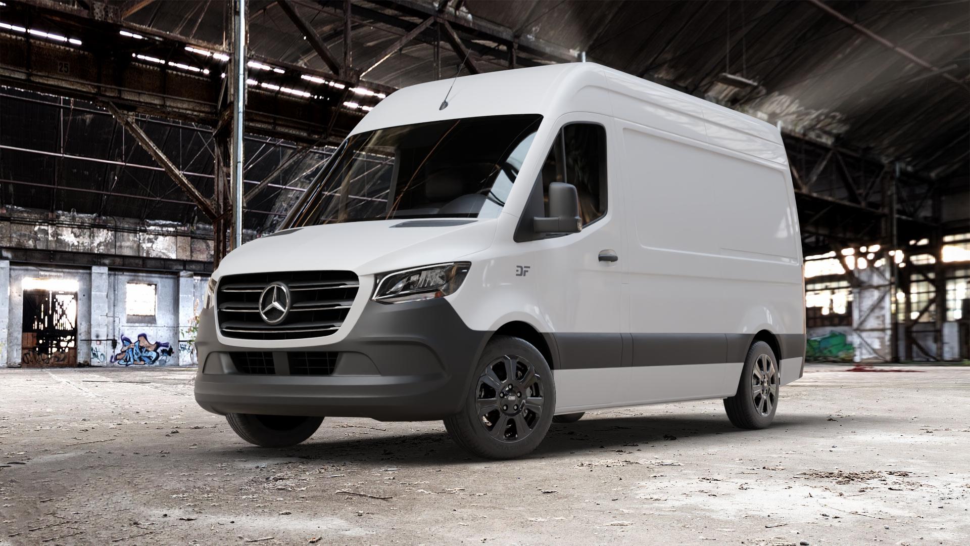 CMS C31 Complete Black Gloss Felge mit Reifen schwarz in 18Zoll Winterfelge Alufelge auf weissem Mercedes Sprinter III Typ KL3A4 KL3A5 906BB FL KL 906BA 906AC ⬇️ mit 15mm Tieferlegung ⬇️ Old Industrial Hall_max_7000mm_2024 Frontansicht_1