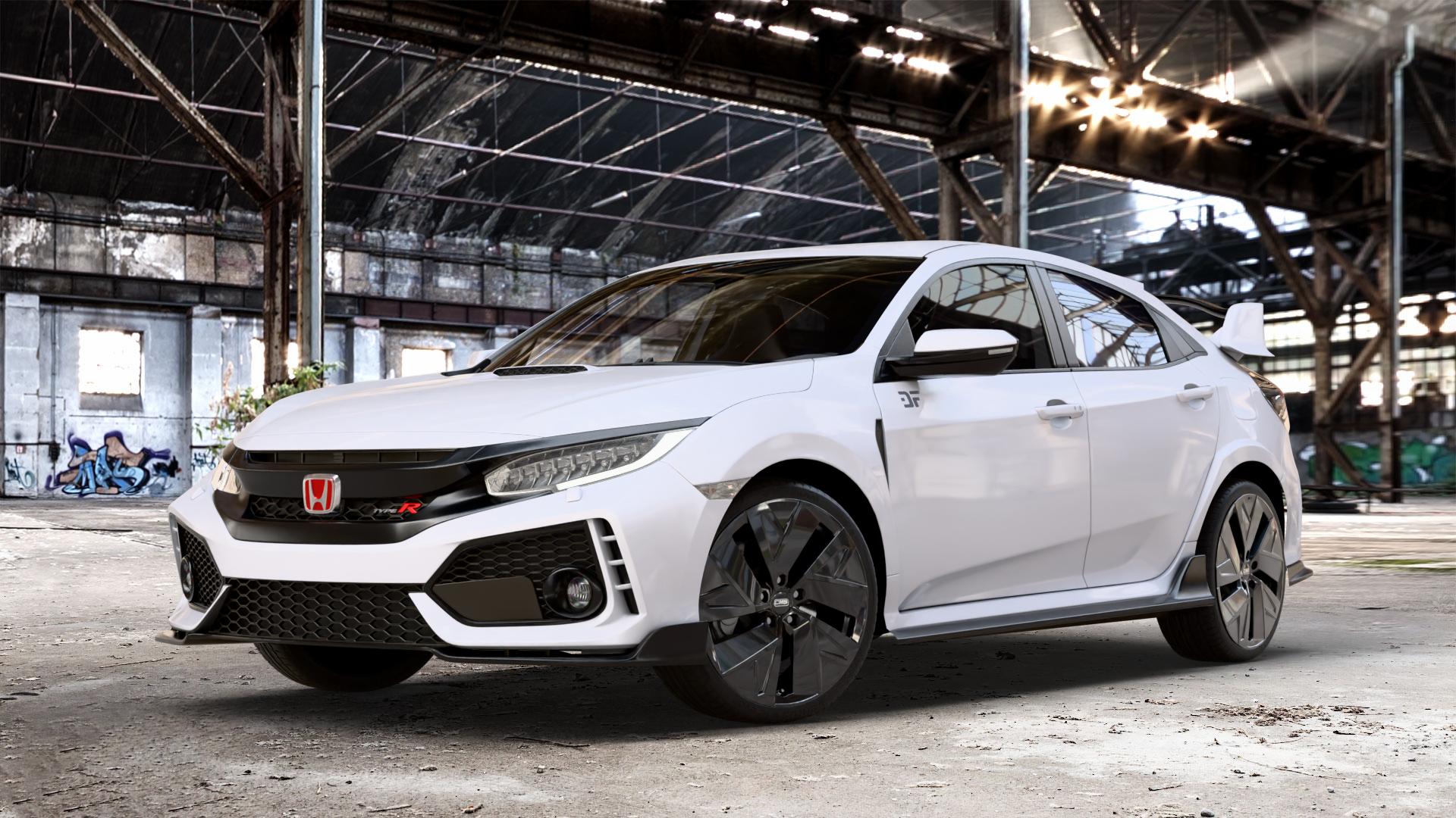 CMS C32-AERO Complete Black Gloss Felge mit Reifen schwarz in 19Zoll Winterfelge Alufelge auf weissem Honda Civic 10 Schrägheck (FC) 2,0l Type-R 235kW (320 PS) ⬇️ mit 15mm Tieferlegung ⬇️ Old Industrial Hall_max_4400mm_2024 Frontansicht_1