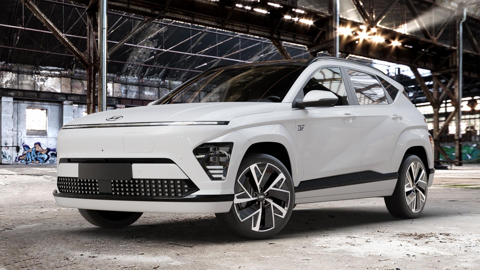CMS C32-AERO Diamond Black Gloss Felge mit Reifen silber schwarz in 19Zoll Winterfelge Alufelge auf weissem Hyundai Kona Elektro Typ SX2E ⬇️ mit 15mm Tieferlegung ⬇️ Old Industrial Hall_max_4400mm_2024 Frontansicht_1