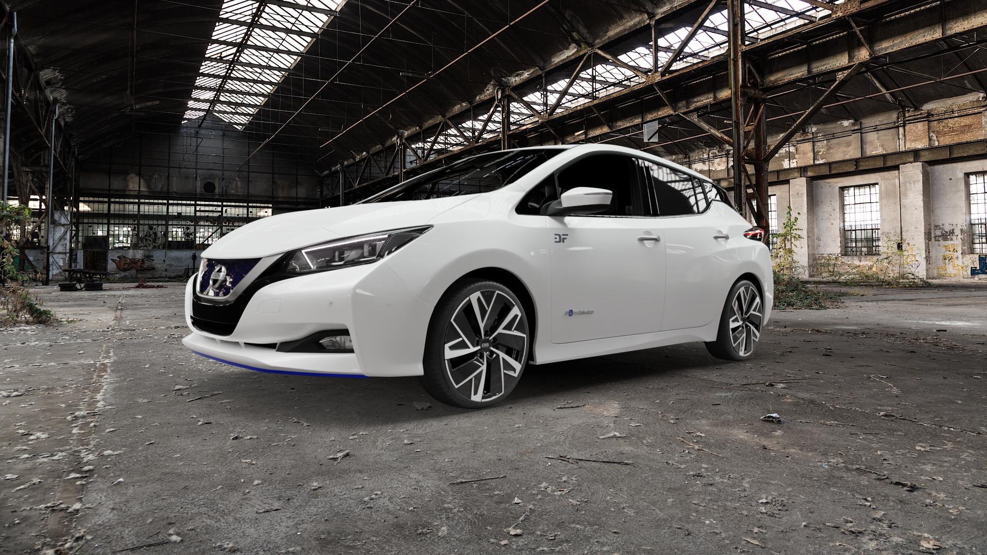 CMS C32-AERO Diamond Black Gloss Felge mit Reifen silber schwarz in 19Zoll Winterfelge Alufelge auf weissem Nissan Leaf Typ ZE1 ⬇️ mit 15mm Tieferlegung ⬇️ Old Industrial Hall_max5000mm_2022 Frontansicht_1