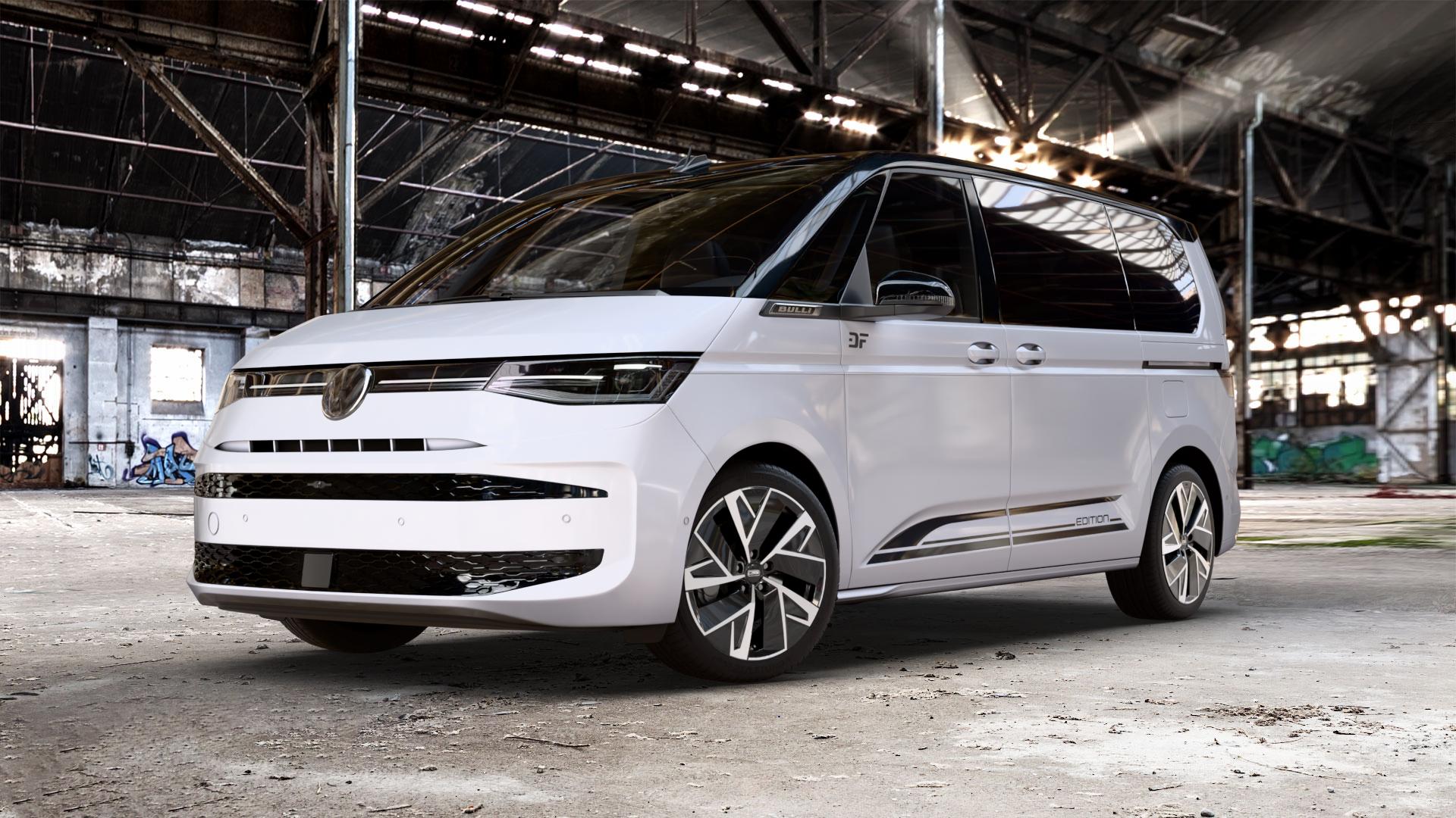 CMS C32-AERO Diamond Black Gloss Felge mit Reifen silber schwarz in 19Zoll Winterfelge Alufelge auf weissem und schwarzem Volkswagen (VW) T7 Multivan Bus ⬇️ mit 15mm Tieferlegung ⬇️ Old Industrial Hall_max_5300mm_2024 Frontansicht_1