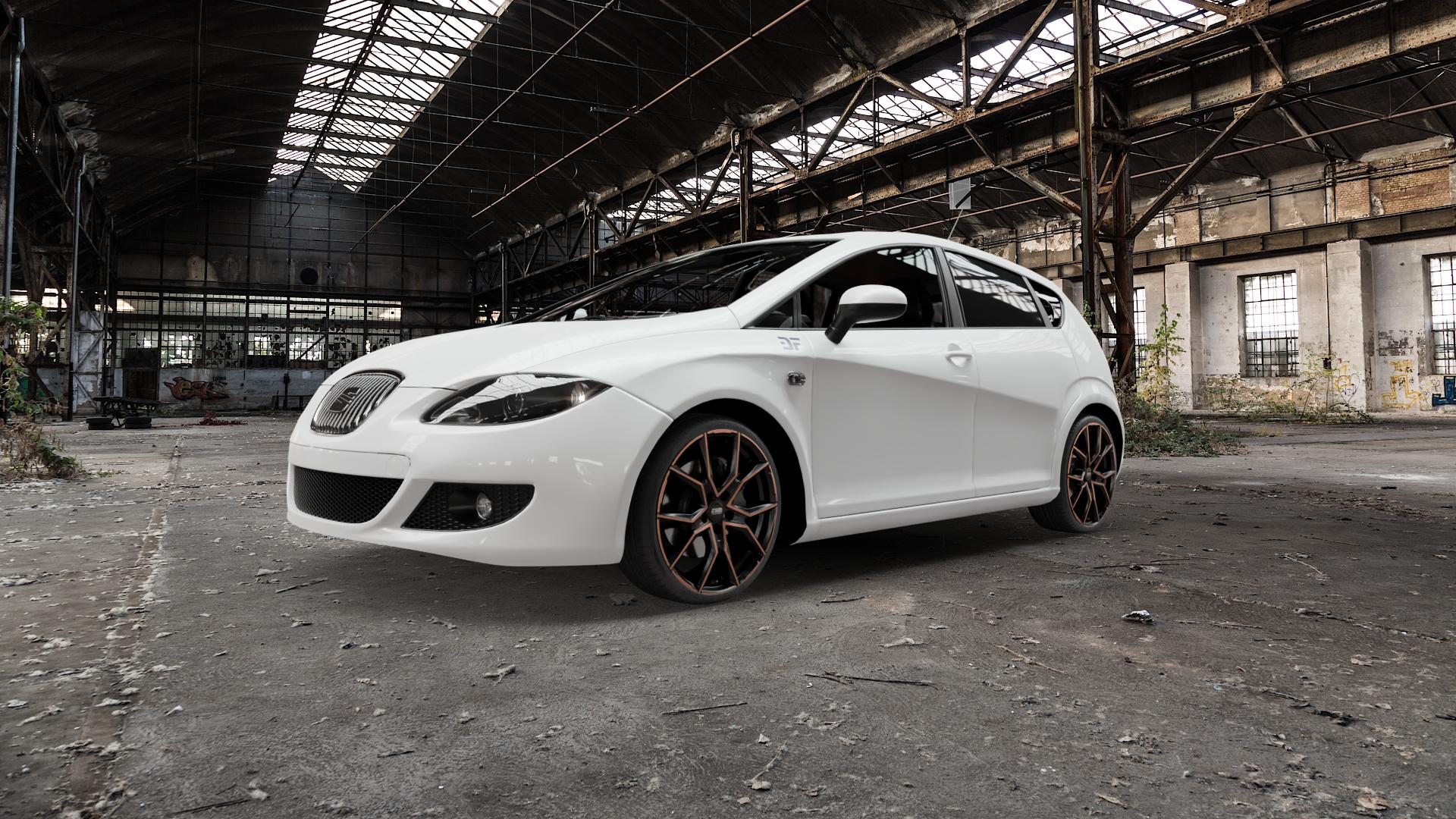 CMS C33 Diamond Black Copper Felge mit Reifen schwarz bronze mehrfarbig in 19Zoll Winterfelge Alufelge auf weissem Seat Leon Typ 1P ⬇️ mit 15mm Tieferlegung ⬇️ Old Industrial Hall_max5000mm_2022 Frontansicht_1