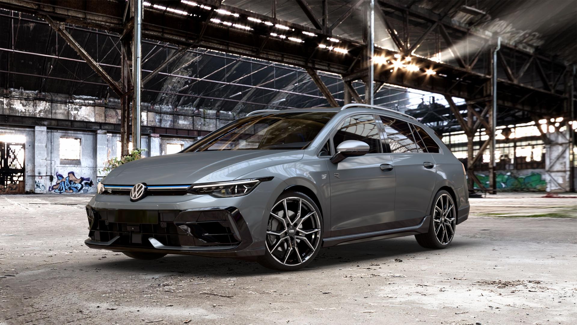 CMS C33 Diamond Black Gloss Felge mit Reifen silber schwarz mehrfarbig in 19Zoll Winterfelge Alufelge auf schwarzem Volkswagen (VW) Golf 8 Variant Facelift 2,0l R 4Motion 245kW (333 PS) ⬇️ mit 15mm Tieferlegung ⬇️ Old Industrial Hall_max_5300mm_2024 Frontansicht_1