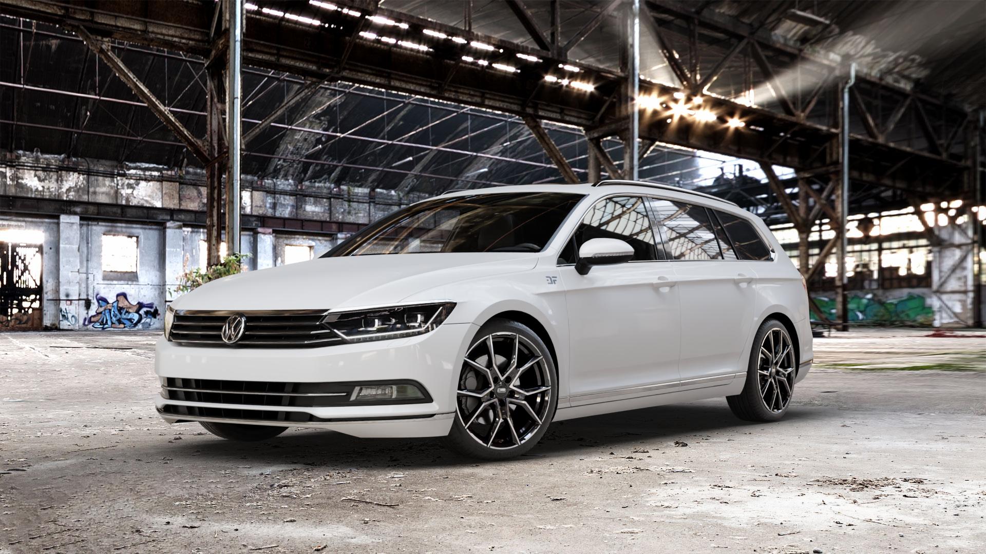 CMS C33 Diamond Black Gloss Felge mit Reifen silber schwarz mehrfarbig in 19Zoll Winterfelge Alufelge auf weissem Volkswagen (VW) Passat 3C/B8 Limousine Variant ⬇️ mit 15mm Tieferlegung ⬇️ Old Industrial Hall_max_5300mm_2024 Frontansicht_1
