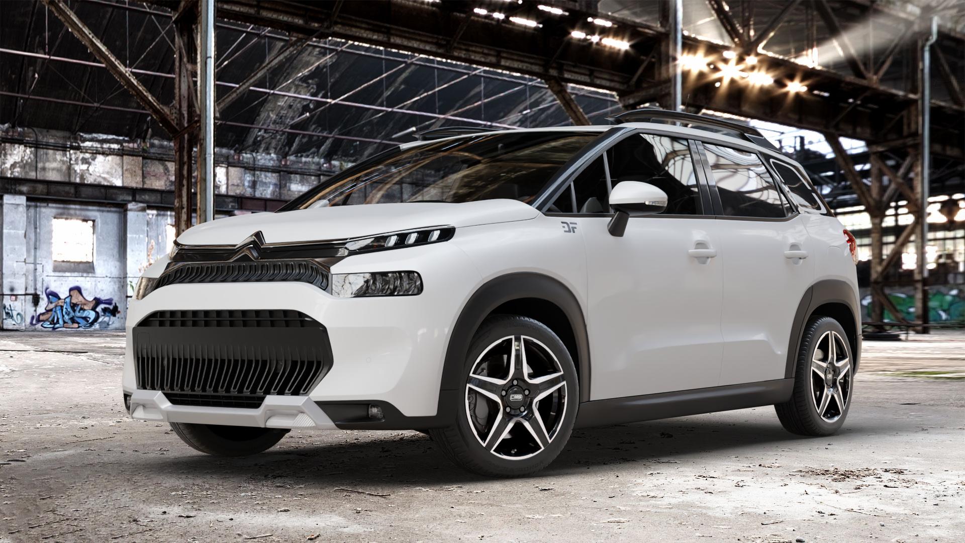 CMS C34 Diamond Black Gloss Felge mit Reifen schwarz mehrfarbig in 17Zoll Winterfelge Alufelge auf weissem Citroen C3 Aircross Typ 2 Facelift ⬇️ mit 15mm Tieferlegung ⬇️ Old Industrial Hall_max_4400mm_2024 Frontansicht_1