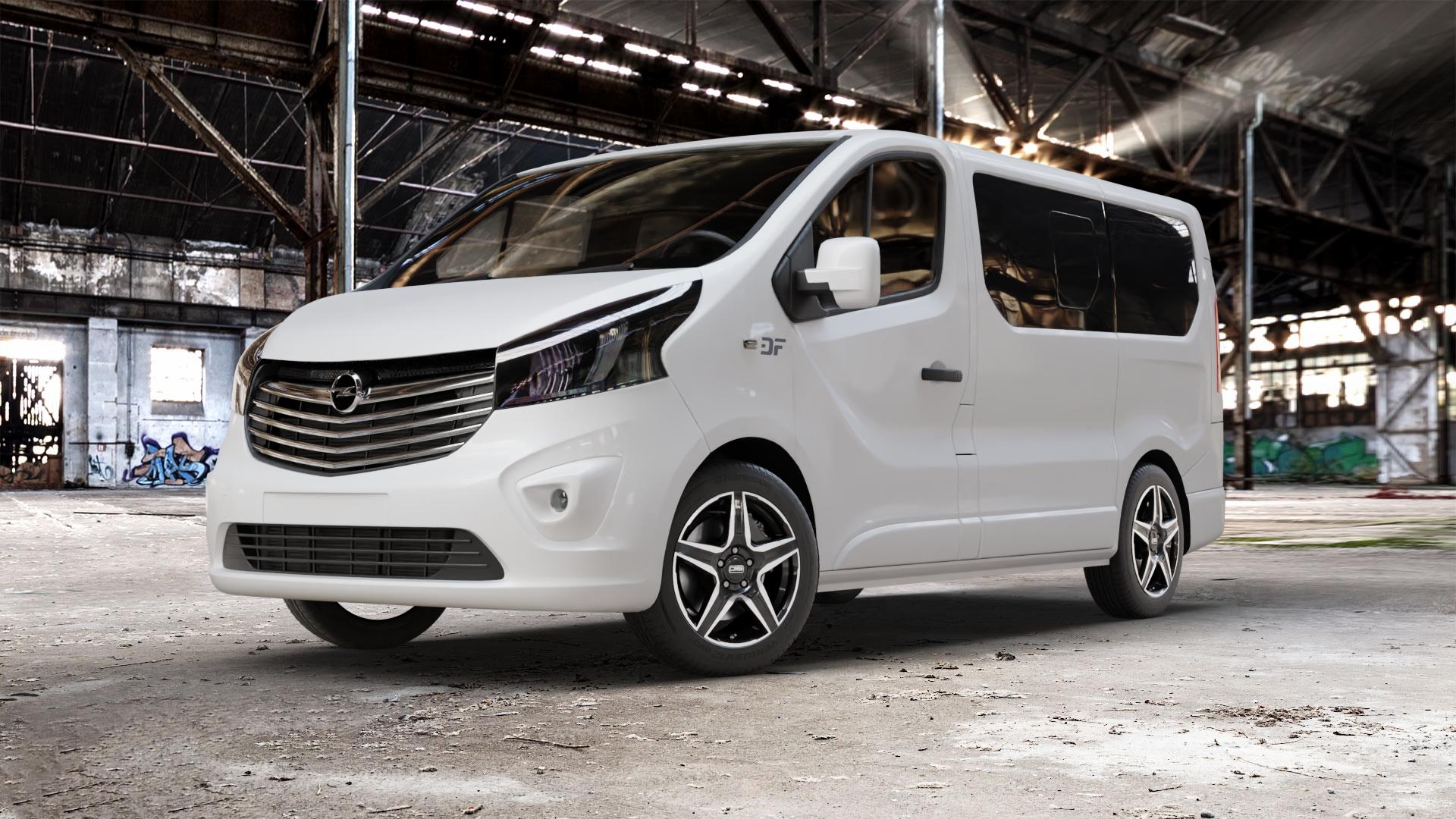 CMS C34 Diamond Black Gloss Felge mit Reifen schwarz mehrfarbig in 17Zoll Winterfelge Alufelge auf weissem Opel Vivaro B Kombi Typ X83 ⬇️ mit 15mm Tieferlegung ⬇️ Old Industrial Hall_max_5300mm_2024 Frontansicht_1
