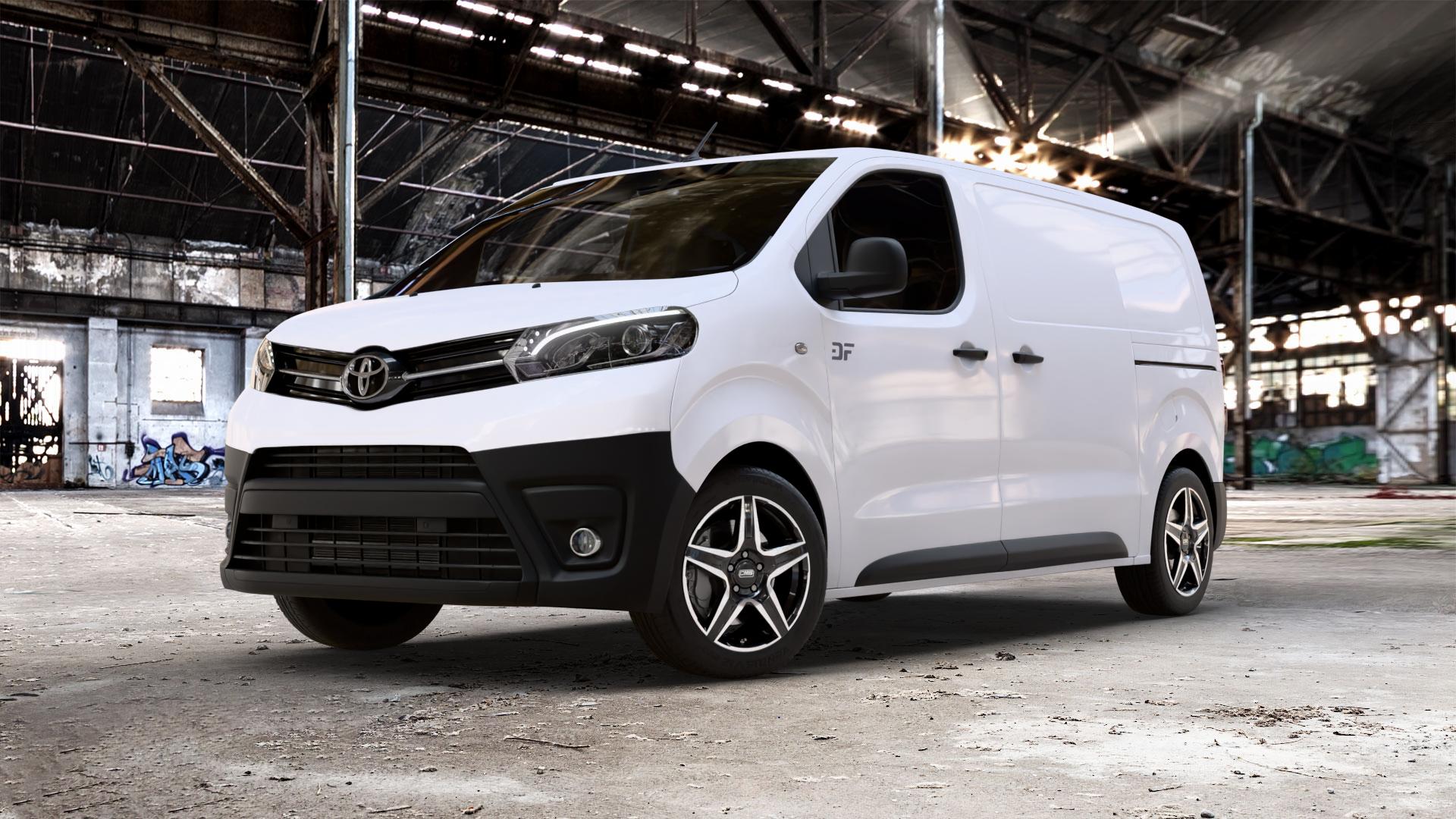 CMS C34 Diamond Black Gloss Felge mit Reifen schwarz mehrfarbig in 17Zoll Winterfelge Alufelge auf weissem Toyota Proace II Typ V ⬇️ mit 15mm Tieferlegung ⬇️ Old Industrial Hall_max_5300mm_2024 Frontansicht_1