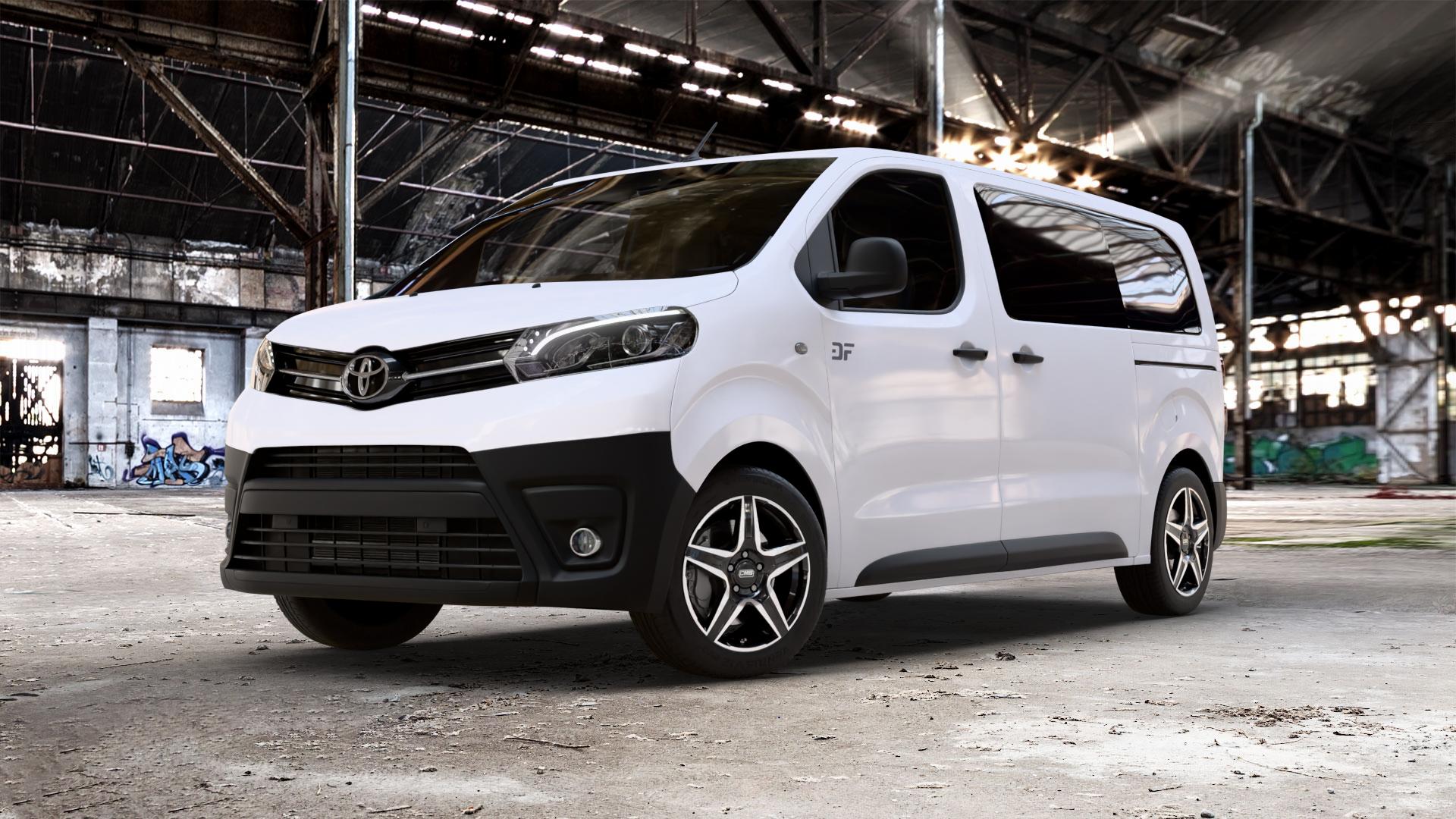 CMS C34 Diamond Black Gloss Felge mit Reifen schwarz mehrfarbig in 17Zoll Winterfelge Alufelge auf weissem Toyota Proace II Verso Typ V ⬇️ mit 15mm Tieferlegung ⬇️ Old Industrial Hall_max_5300mm_2024 Frontansicht_1
