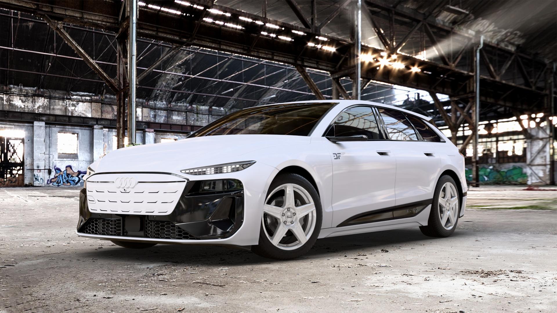 CMS C34 Racing Silver Felge mit Reifen silber in 19Zoll Winterfelge Alufelge auf weissem Audi A6 e-tron Typ GH (Avant) 0,0l Performance 120kW (163 PS) S6 138kW (188 100kW (136 quattro ⬇️ mit 15mm Tieferlegung ⬇️ Old Industrial Hall_max_5300mm_2024 Frontansicht_1