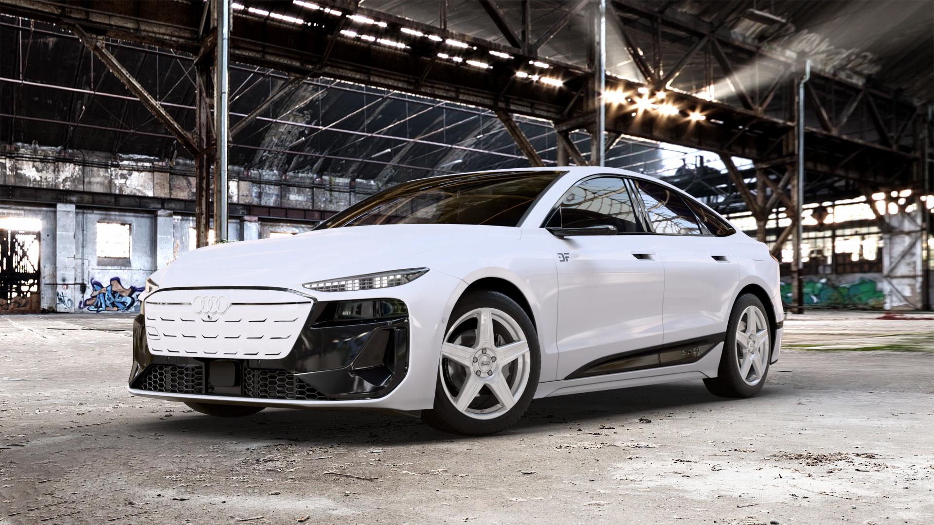CMS C34 Racing Silver Felge mit Reifen silber in 19Zoll Winterfelge Alufelge auf weissem Audi A6 e-tron Typ GH (Sportback) 0,0l 100kW (136 PS) performance 120kW (163 quattro 138kW (188 S6 ⬇️ mit 15mm Tieferlegung ⬇️ Old Industrial Hall_max_5300mm_2024 Frontansicht_1