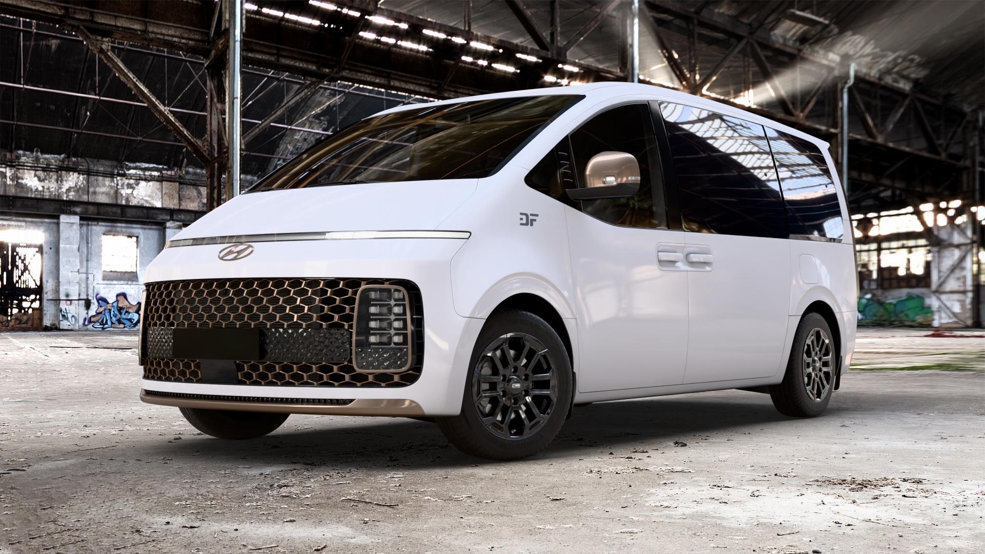 CMS C35 Complete Black Gloss Felge mit Reifen schwarz in 17Zoll Winterfelge Alufelge auf weissem Hyundai Staria Typ US4 2,2l CRDi 130kW (177 PS) AWD ⬇️ mit 15mm Tieferlegung ⬇️ Old Industrial Hall_max_5300mm_2024 Frontansicht_1