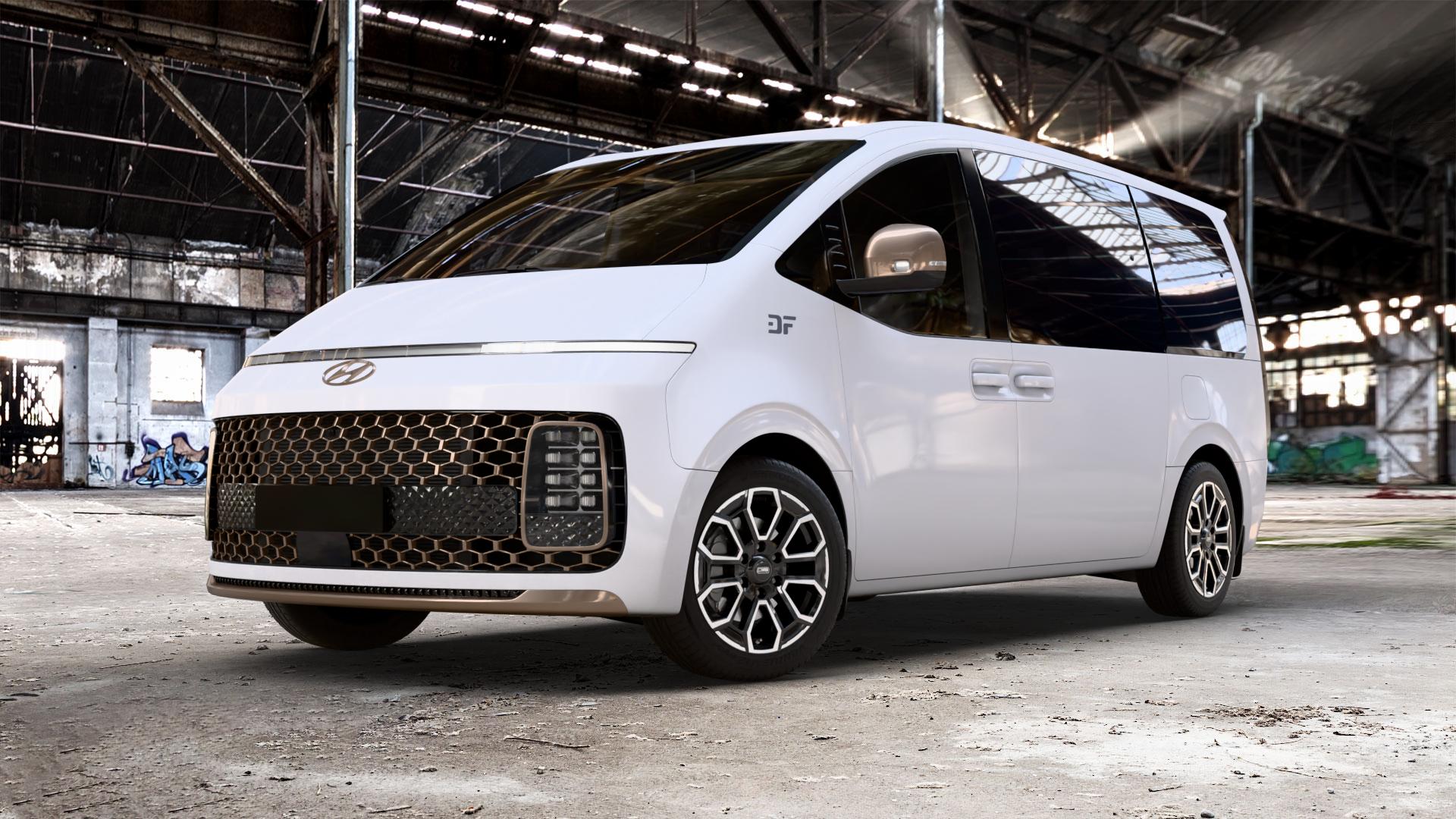 CMS C35 Diamond Black Gloss Felge mit Reifen silber schwarz in 18Zoll Winterfelge Alufelge auf weissem Hyundai Staria Typ US4 2,2l CRDi 130kW (177 PS) AWD ⬇️ mit 15mm Tieferlegung ⬇️ Old Industrial Hall_max_5300mm_2024 Frontansicht_1