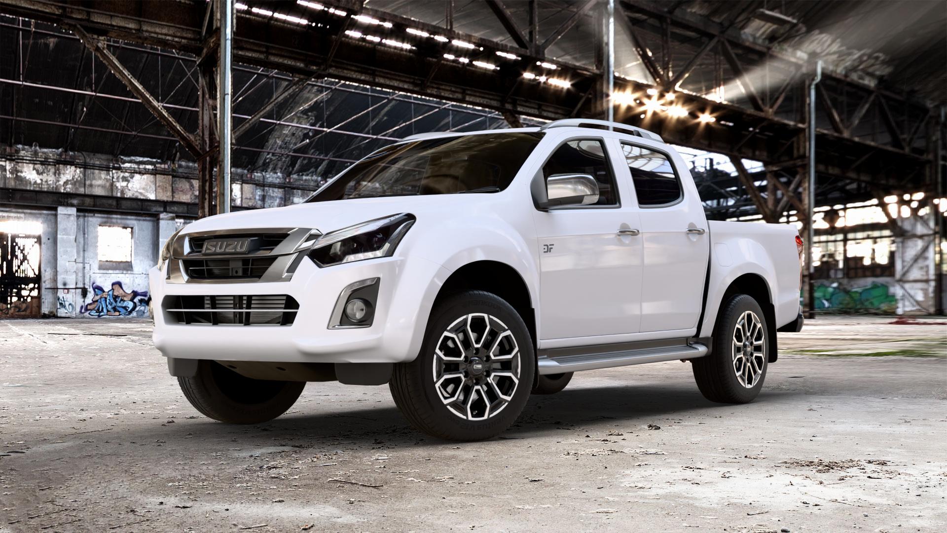 CMS C35 Diamond Black Gloss Felge mit Reifen silber schwarz in 18Zoll Winterfelge Alufelge auf weissem Isuzu D-Max II Typ ATFS 2,5l D 120kW 4WD (163 PS) ATFR Facelift 1,9l ⬇️ mit 15mm Tieferlegung ⬇️ Old Industrial Hall_max_5300mm_2024 Frontansicht_1