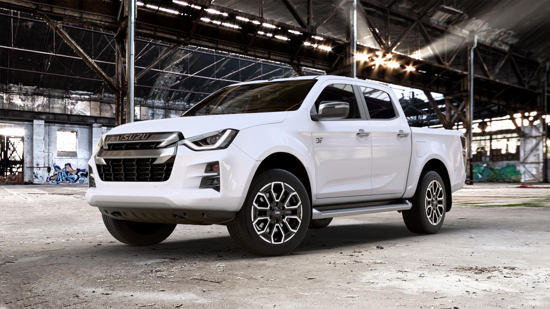 CMS C35 Diamond Black Gloss Felge mit Reifen silber schwarz in 18Zoll Winterfelge Alufelge auf weissem Isuzu D-Max II Typ BTF 1,9l D 120kW (163 PS) 4WD ⬇️ mit 15mm Tieferlegung ⬇️ Old Industrial Hall_max_5300mm_2024 Frontansicht_1