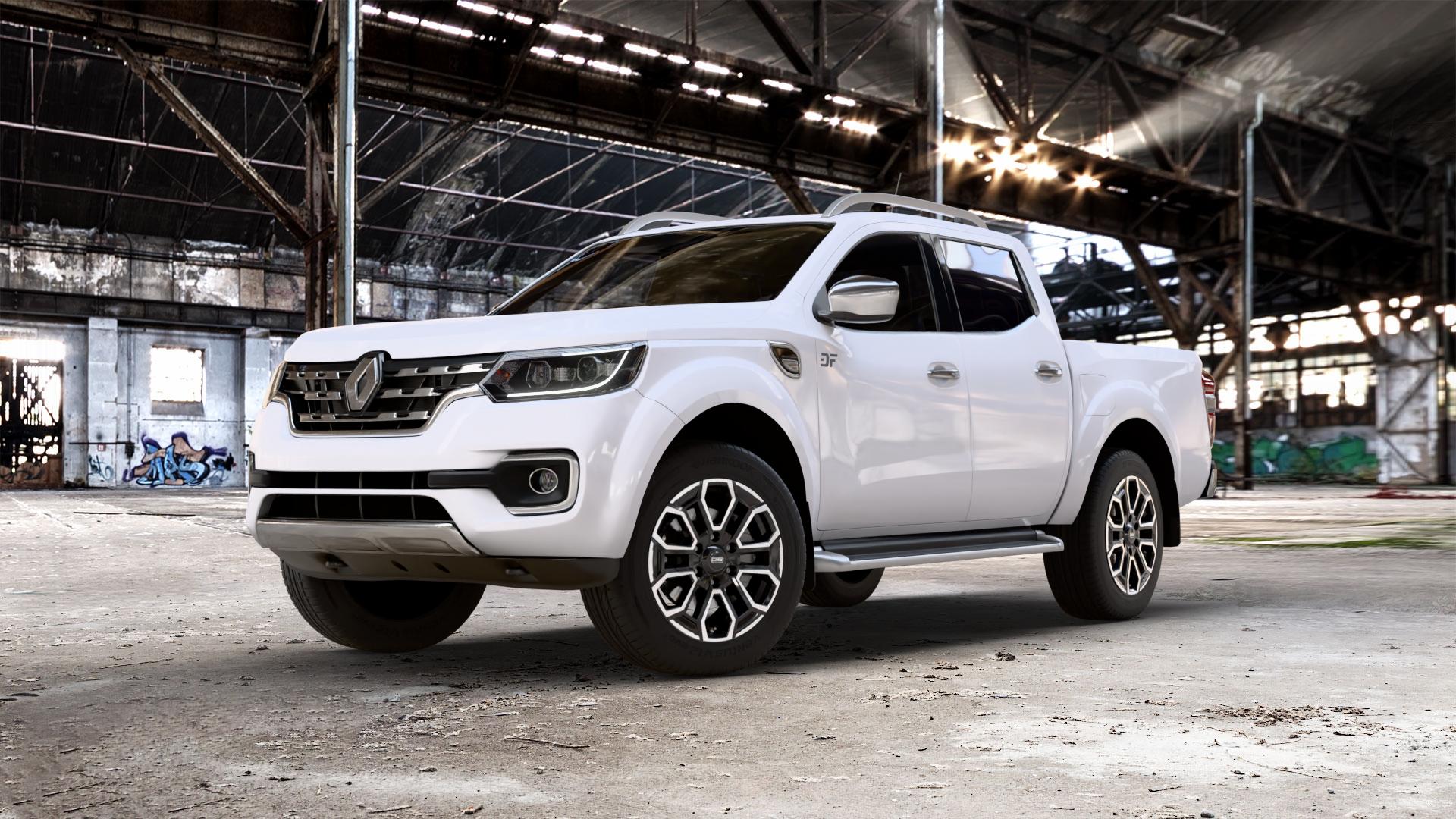 CMS C35 Diamond Black Gloss Felge mit Reifen silber schwarz in 18Zoll Winterfelge Alufelge auf weissem Renault Alaskan ⬇️ mit 15mm Tieferlegung ⬇️ Old Industrial Hall_max_5300mm_2024 Frontansicht_1