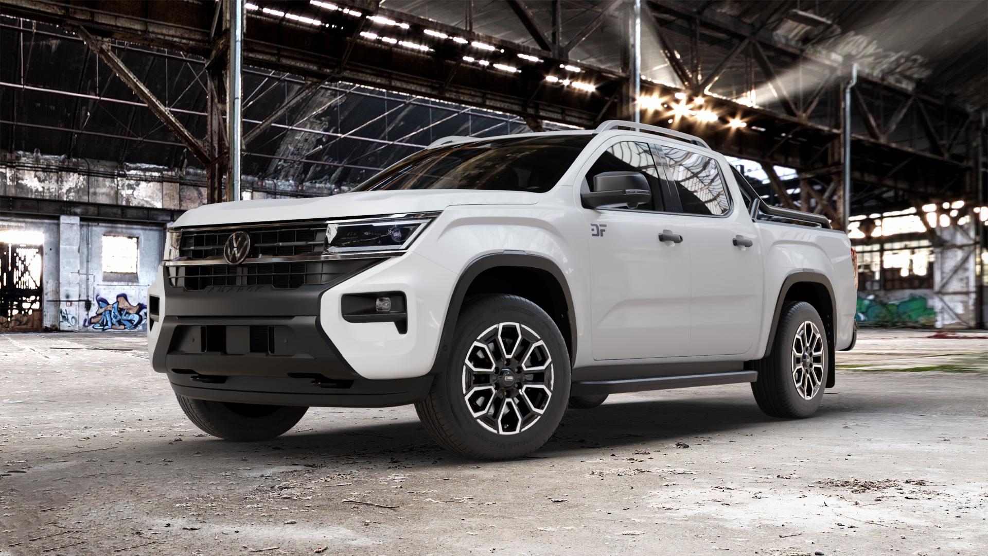 CMS C35 Diamond Black Gloss Felge mit Reifen silber schwarz in 18Zoll Winterfelge Alufelge auf weissem Volkswagen (VW) Amarok II Typ T1 ⬇️ mit 15mm Tieferlegung ⬇️ Old Industrial Hall_max_5300mm_2024 Frontansicht_1