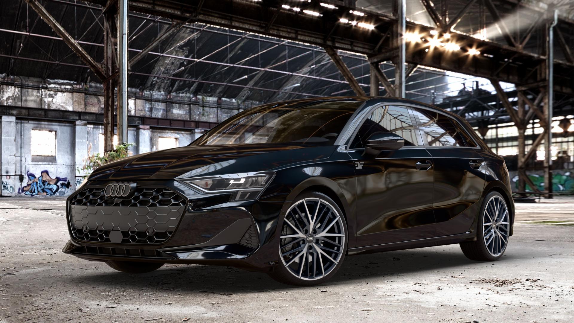 CMS C36 Diamond Matt Black Felge mit Reifen silber schwarz in 19Zoll Winterfelge Alufelge auf metallic schwarzem Audi A3 Typ GY (Sportback) Facelift 2,0l 30 TDI 85kW (116 PS) 1,5l TFSI Mild-Hybrid 35 110kW (150 PHEV 200 130kW Hybrid (177 150 ⬇️ mit 15mm Tieferlegung ⬇️ Old Industrial Hall_max_4400mm_2024 Frontansicht_1