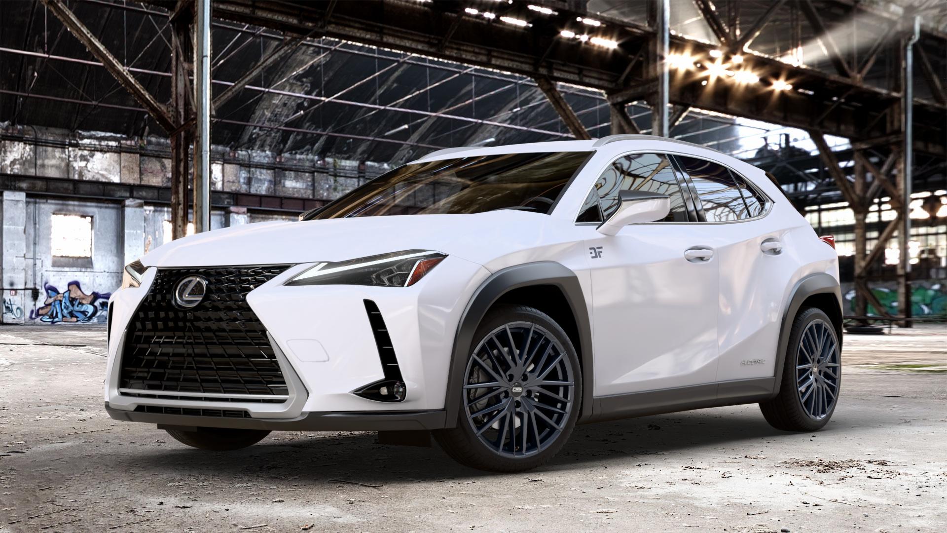 CMS C36 Matt Black Felge mit Reifen schwarz in 19Zoll Winterfelge Alufelge auf weissem Lexus UX Typ EZA1(EU,M) 0,0l UX300E 57kW (77 PS) ⬇️ mit 15mm Tieferlegung ⬇️ Old Industrial Hall_max_4400mm_2024 Frontansicht_1