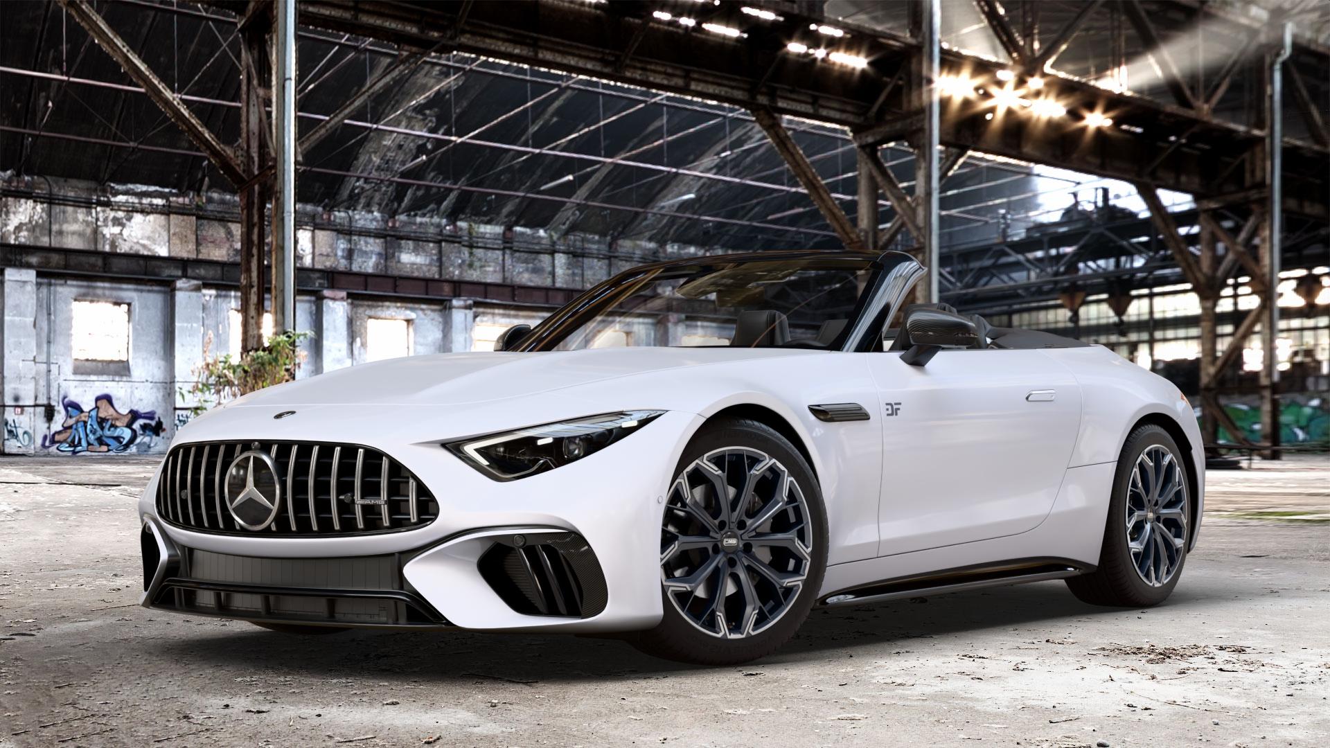 CMS C37 Diamond Matt Black Felge mit Reifen silber schwarz in 19Zoll Alufelge auf weissem Mercedes SL Typ R232 2,0l 43 280kW Mild-Hybrid (381 PS) 4,0l 55 4MATIC+ 350kW (476 63 430kW (585 ⬇️ mit 15mm Tieferlegung ⬇️ Old Industrial Hall_max_4400mm_2024 Frontansicht_1
