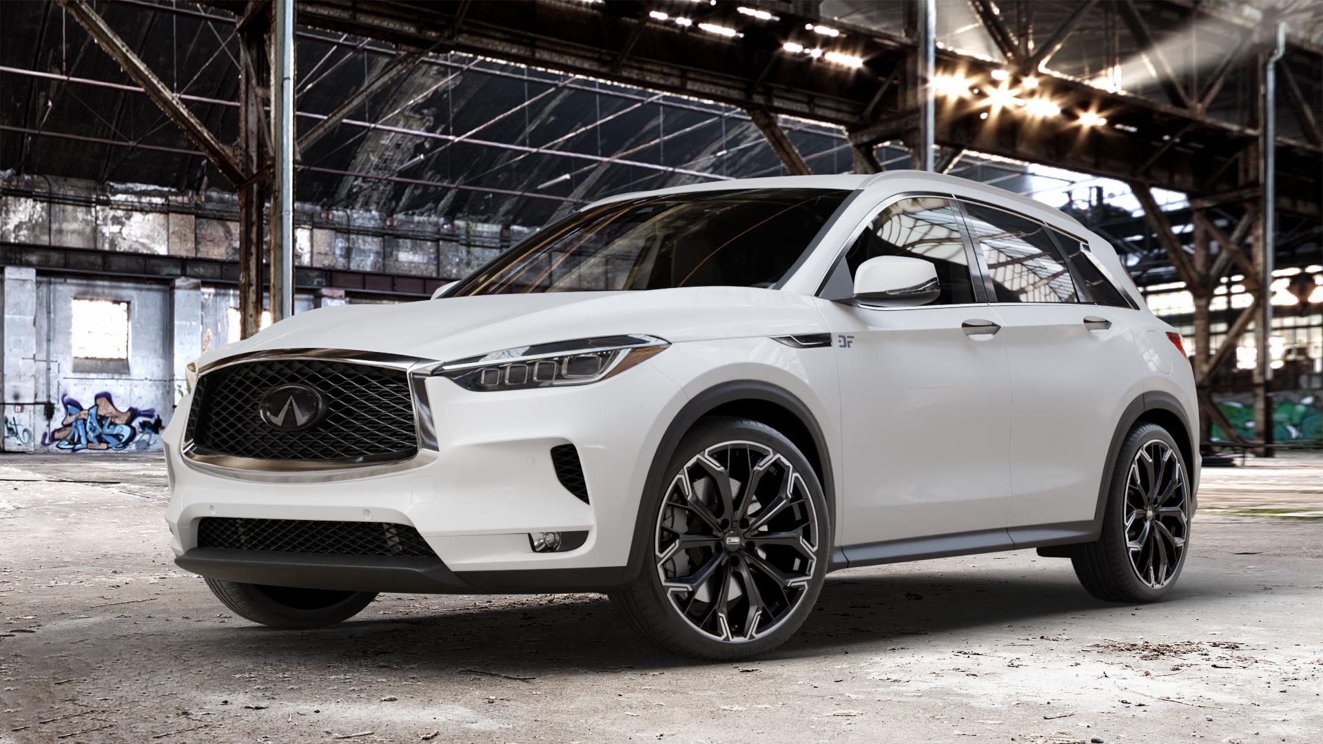 CMS C37 Diamond Matt Black Felge mit Reifen silber schwarz in 20Zoll Alufelge auf weissem Infiniti QX50 Q ⬇️ mit 15mm Tieferlegung ⬇️ Old Industrial Hall_max_4400mm_2024 Frontansicht_1