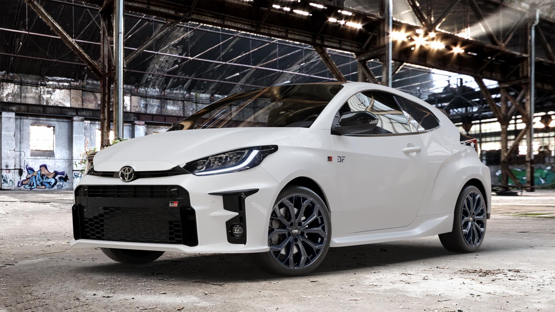 CMS C37 Matt Black Felge mit Reifen schwarz in 18Zoll Winterfelge Alufelge auf weissem Toyota Yaris IV Typ XPA1F(EU,M) l kW (0 PS) GR XPA1G(EU,M) ⬇️ mit 15mm Tieferlegung ⬇️ Old Industrial Hall_max_4400mm_2024 Frontansicht_1