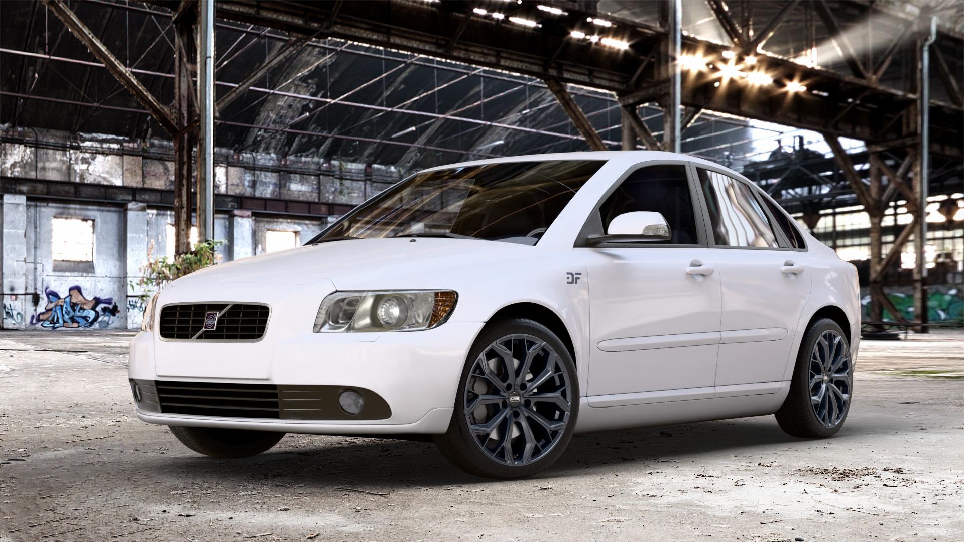 CMS C37 Matt Black Felge mit Reifen schwarz in 18Zoll Winterfelge Alufelge auf weissem Volvo S40 II Typ M ⬇️ mit 15mm Tieferlegung ⬇️ Old Industrial Hall_max_4400mm_2024 Frontansicht_1