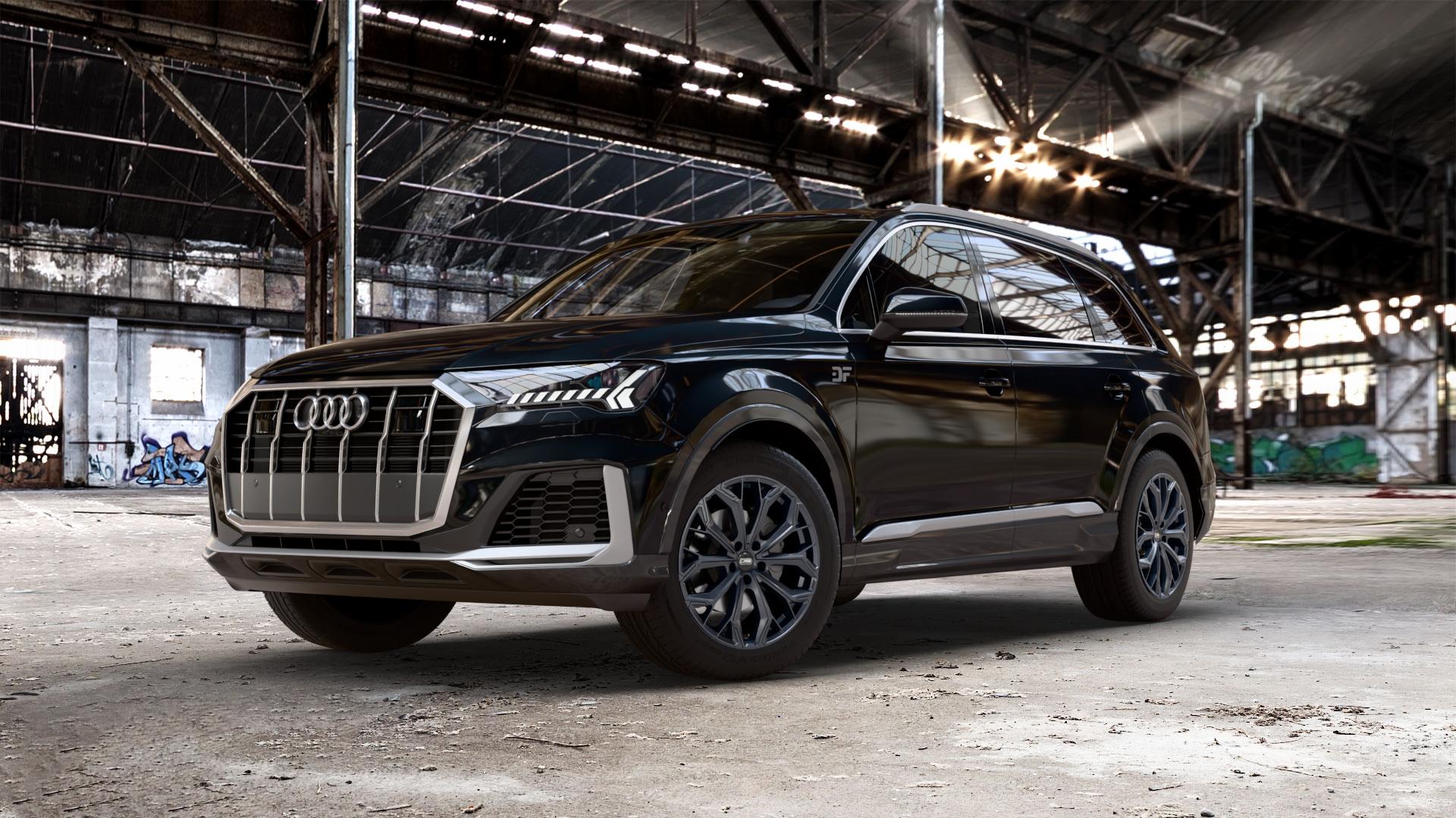 CMS C37 Matt Black Felge mit Reifen schwarz in 19Zoll Winterfelge Alufelge auf metallic schwarzem Audi Q7 II Typ 4M (4L) Facelift 19-> ⬇️ mit 15mm Tieferlegung ⬇️ Old Industrial Hall_max_5300mm_2024 Frontansicht_1