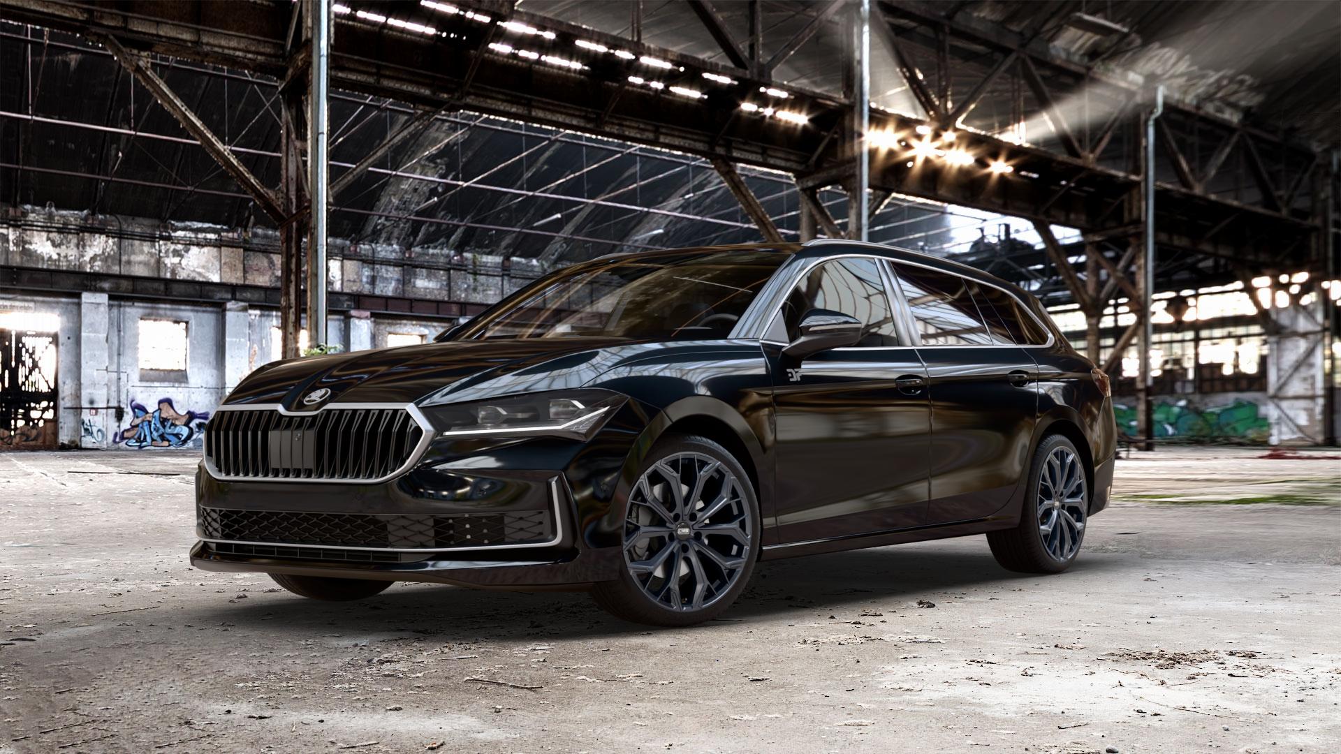 CMS C37 Matt Black Felge mit Reifen schwarz in 19Zoll Winterfelge Alufelge auf schwarzem metallic Skoda Superb IV Kombi Typ NZ 1,5l TSI 110kW Mild-Hybrid (150 PS) Hybrid 2,0l TDI 4x4 142kW (193 195kW (265 ⬇️ mit 15mm Tieferlegung ⬇️ Old Industrial Hall_max_5300mm_2024 Frontansicht_1