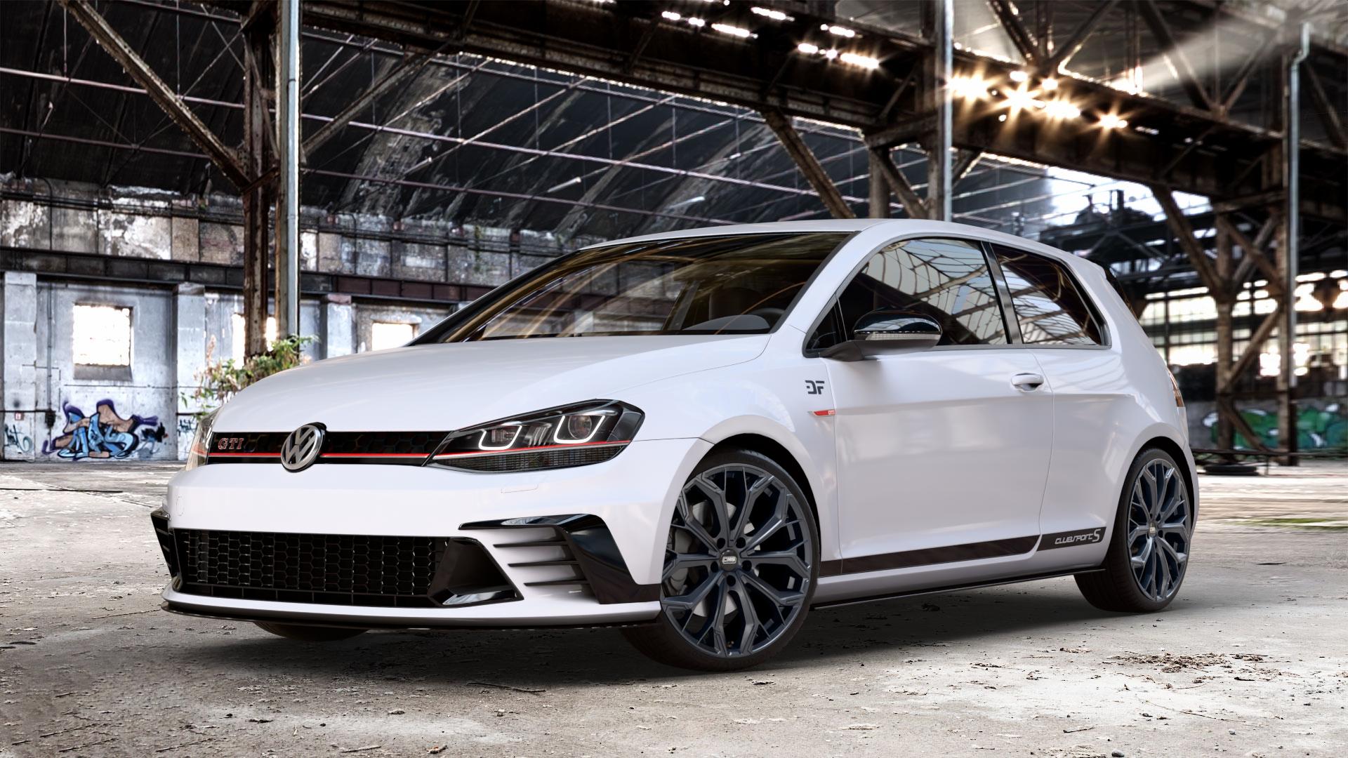 CMS C37 Matt Black Felge mit Reifen schwarz in 19Zoll Winterfelge Alufelge auf weissem unilack Volkswagen (VW) Golf 7 2,0l GTI Clubsport 195kW (265 PS) S 228kW (310 Facelift TCR 213kW (290 ⬇️ mit 15mm Tieferlegung ⬇️ Old Industrial Hall_max_4400mm_2024 Frontansicht_1
