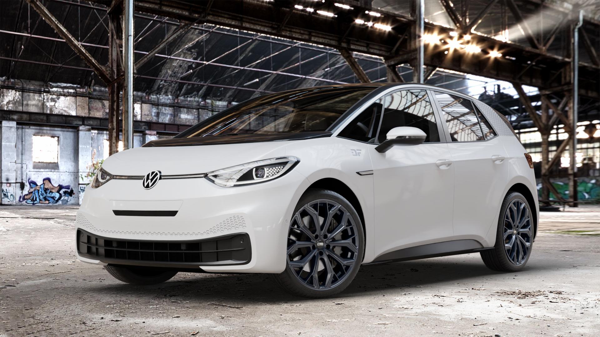 CMS C37 Matt Black Felge mit Reifen schwarz in 20Zoll Winterfelge Alufelge auf weissem Volkswagen (VW) ID.3 ⬇️ mit 15mm Tieferlegung ⬇️ Old Industrial Hall_max_4400mm_2024 Frontansicht_1