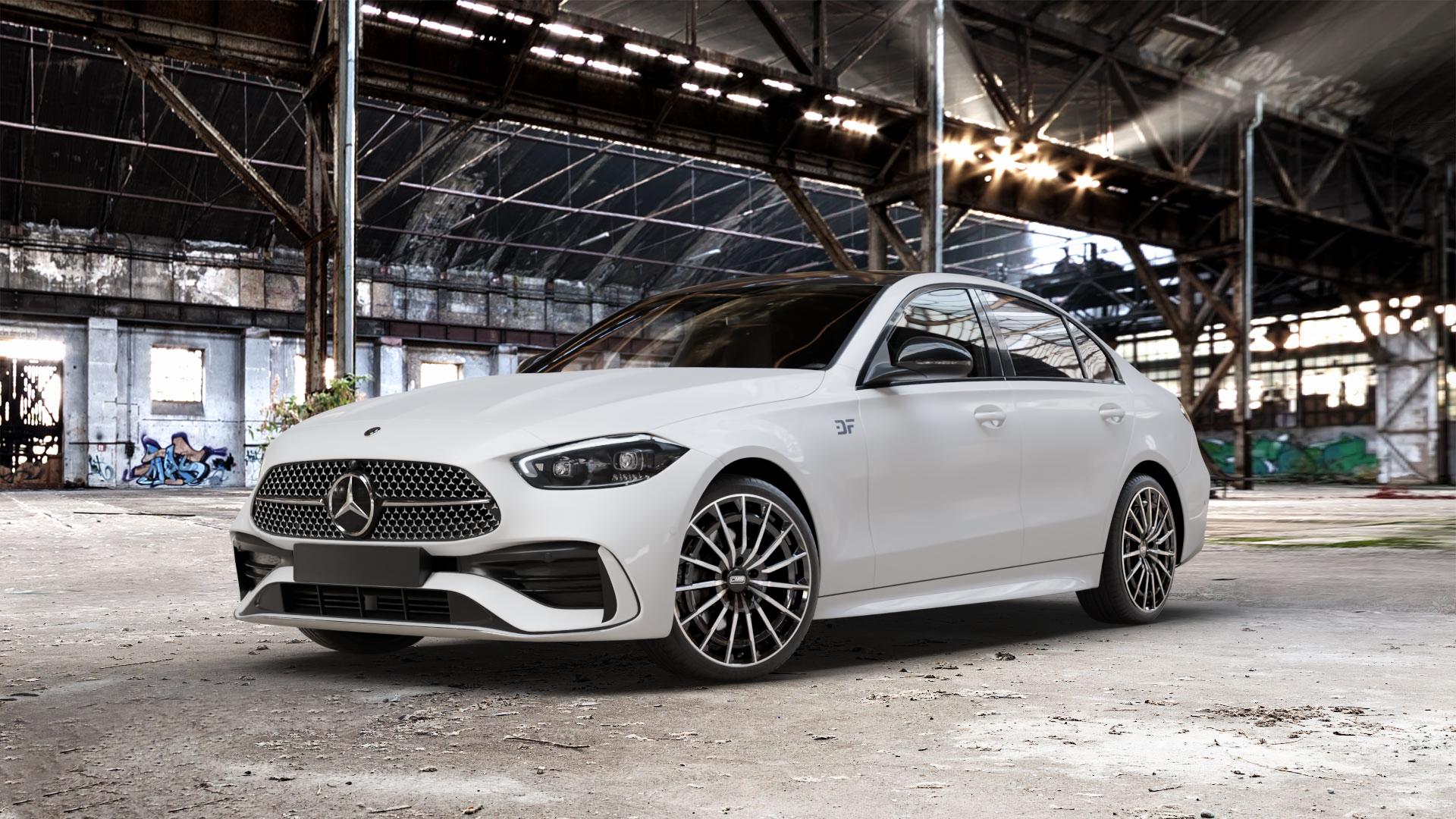 CMS C38 Diamond Black Gloss Felge mit Reifen silber schwarz in 19Zoll Winterfelge Alufelge auf weissem Mercedes C-Klasse Typ W206 Limousine ⬇️ mit 15mm Tieferlegung ⬇️ Old Industrial Hall_max_5300mm_2024 Frontansicht_1